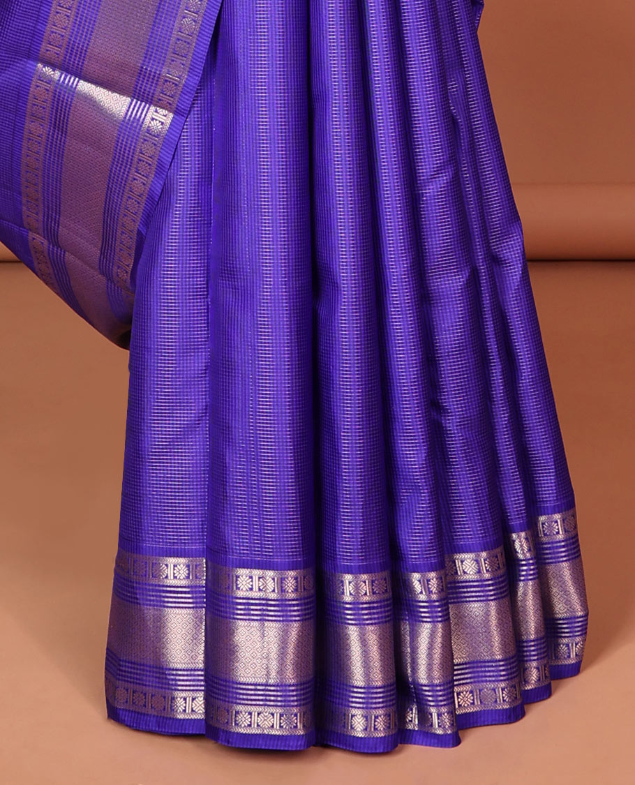 Pothys Blue checked silk saree with self traditional zari border & striped zari design pallu - view 4