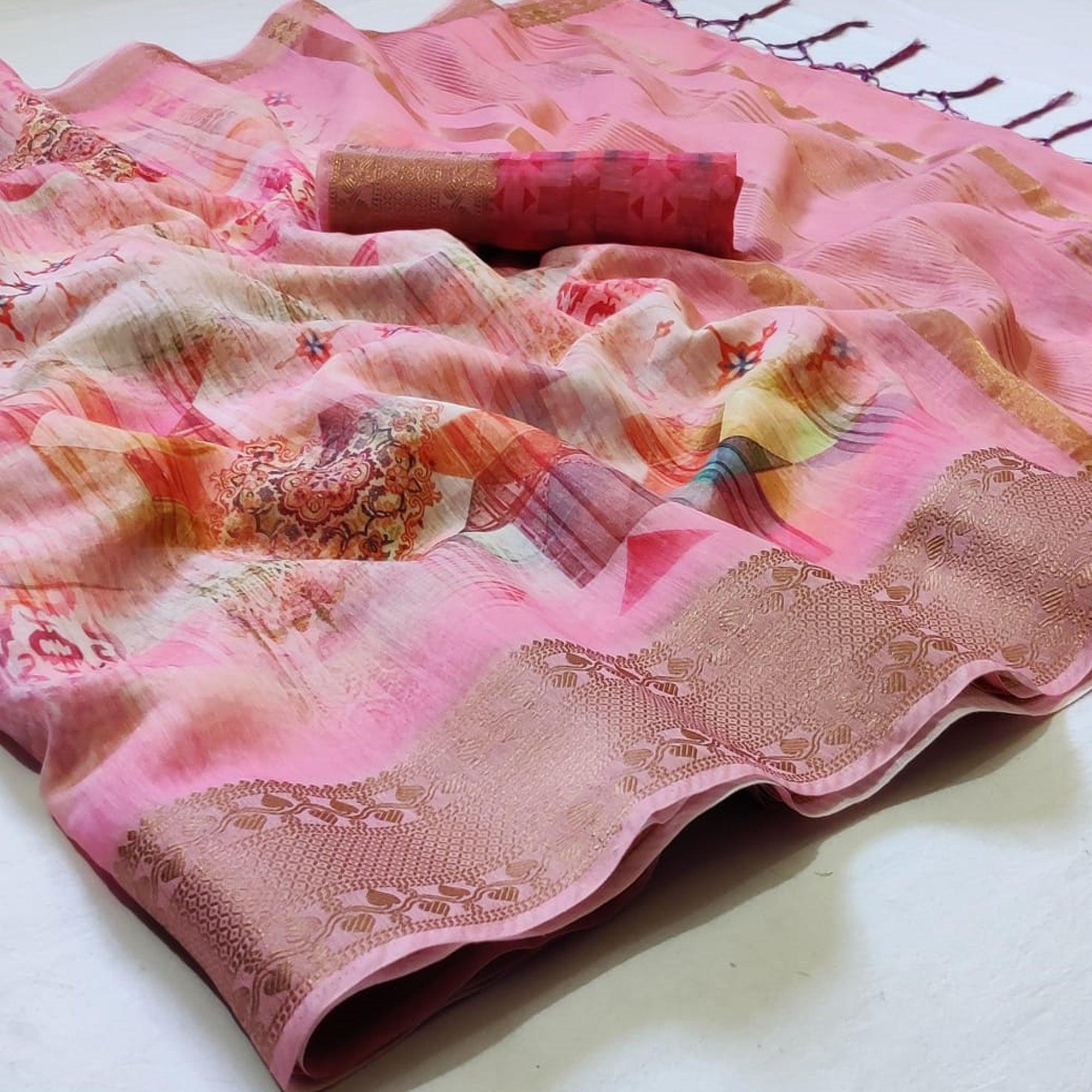 Peachmode Ethnic Pink - Multi Colored Festive Wear Woven Banarasi Silk Saree