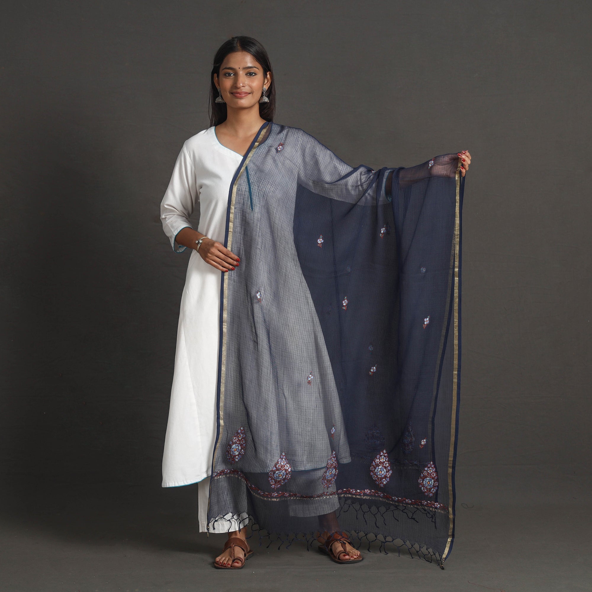 ITOKRI CRAFTS INITIATIVE Kota Doria Silk Cotton Kashida Embroidery Dupatta 59