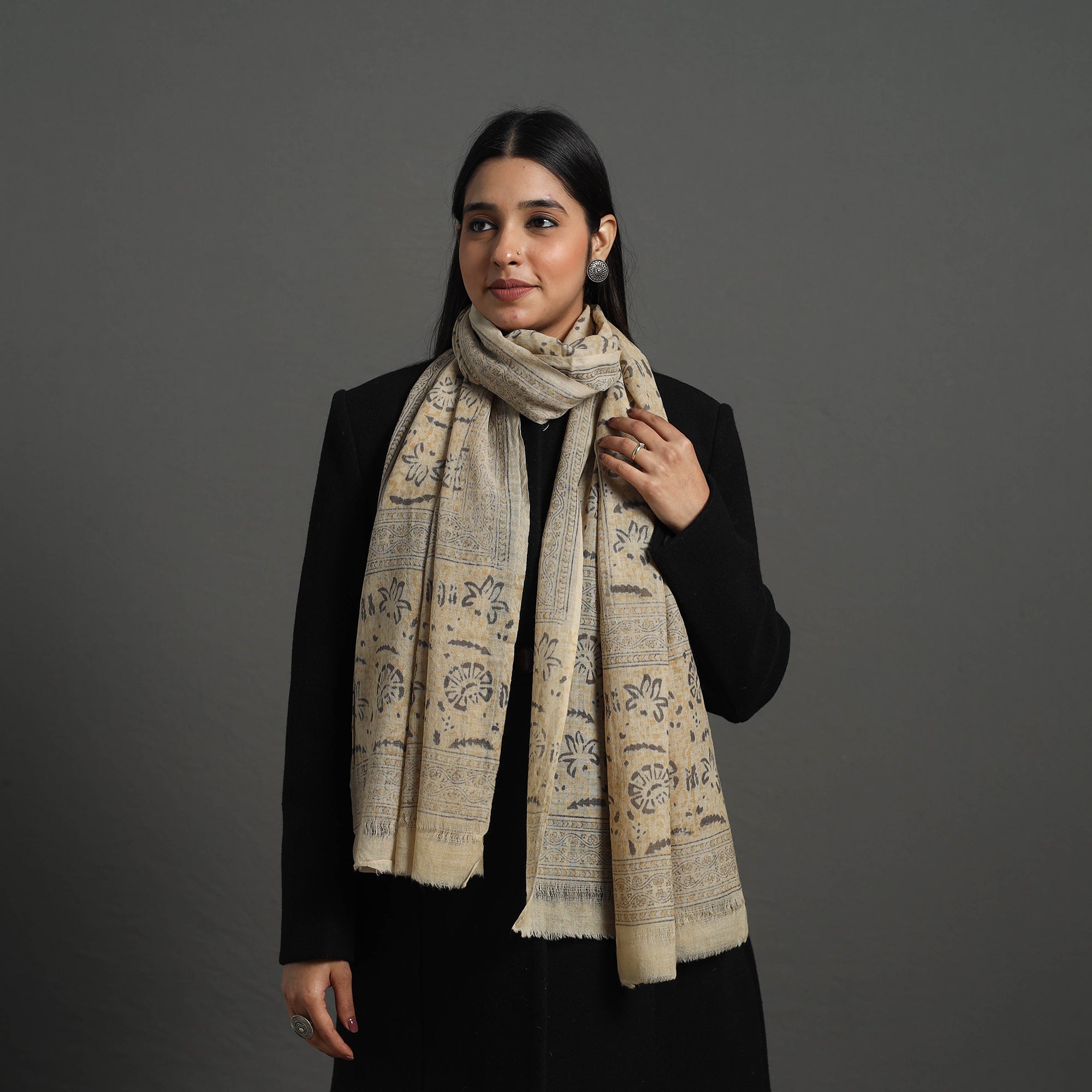 PITCHUKA SRINIVAS KALAMKARI PEDANA Beige - Block Print Pedana Kalamkari Wool Stole 39