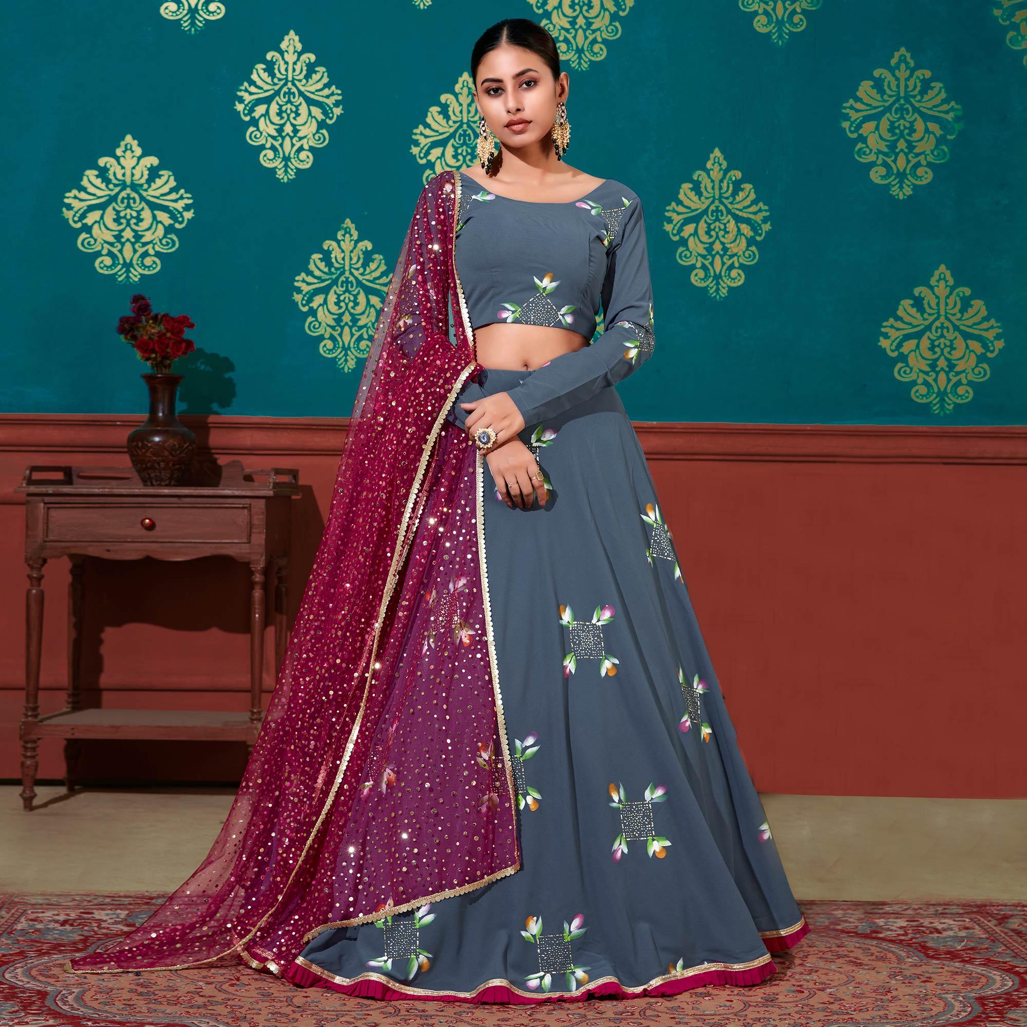 Peachmode Blue-Magenta Wedding Wear Pigment Foil Printed Work Georgette Lehenga Choli