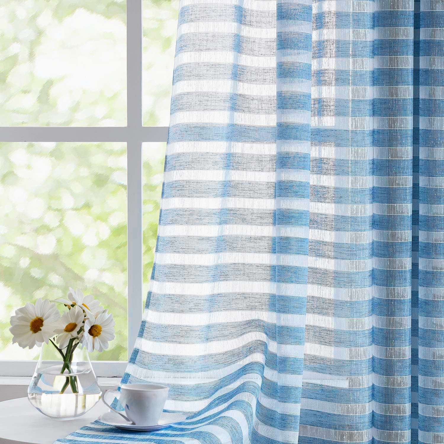 Urban Space -Home Furnishing Store Aari Collection Embriodered Sheer Curtains, 35-40 % Light Filtering Curtains - Pack of 2 - Horizontal Weaves Blue
