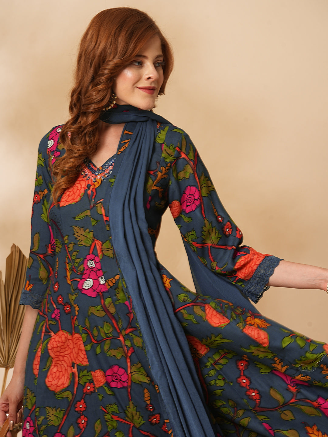 Fashor Floral Printed Mirror Embroidered Anarkali with Pant & Dupatta - Sea Green - view 2