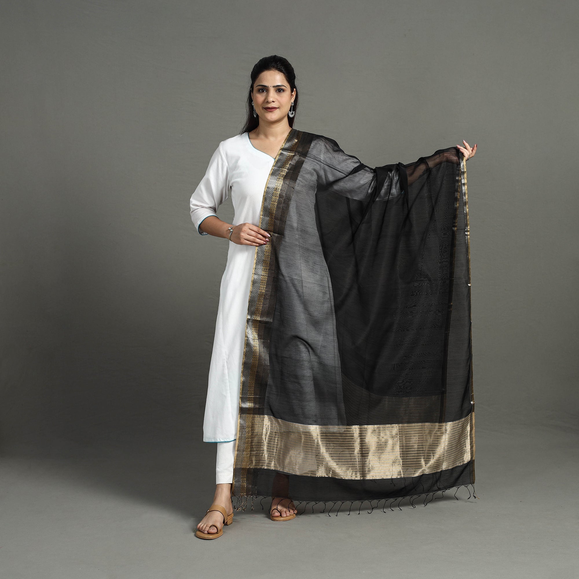 ITOKRI CRAFTS INITIATIVE Black - Handloom Silk Cotton Zari Work Maheshwari Dupatta 33