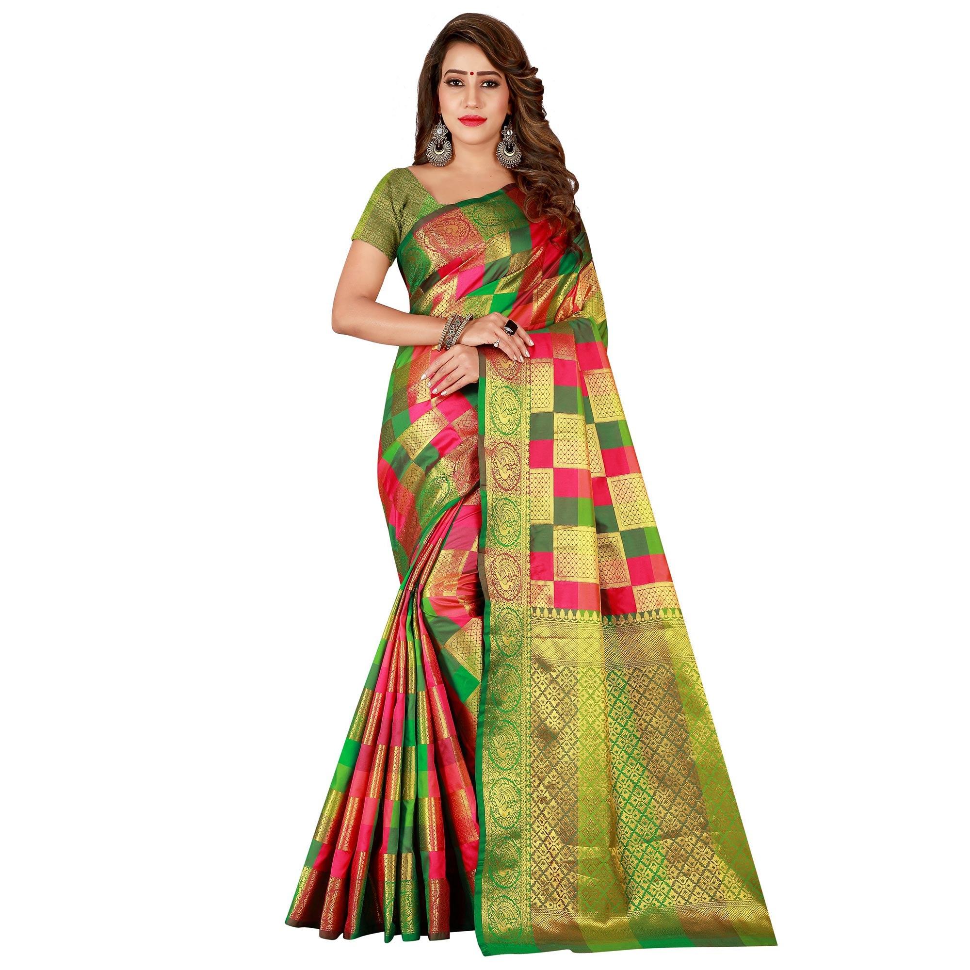 Peachmode Elegant Pink-Green Colored Festive Wear Art Silk Saree