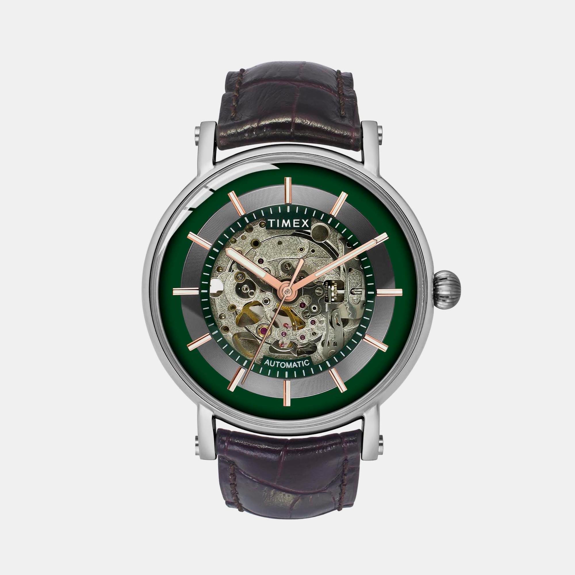 Timex E Class Men Automatic Green Dial Analog Leather Watch TWEG16718