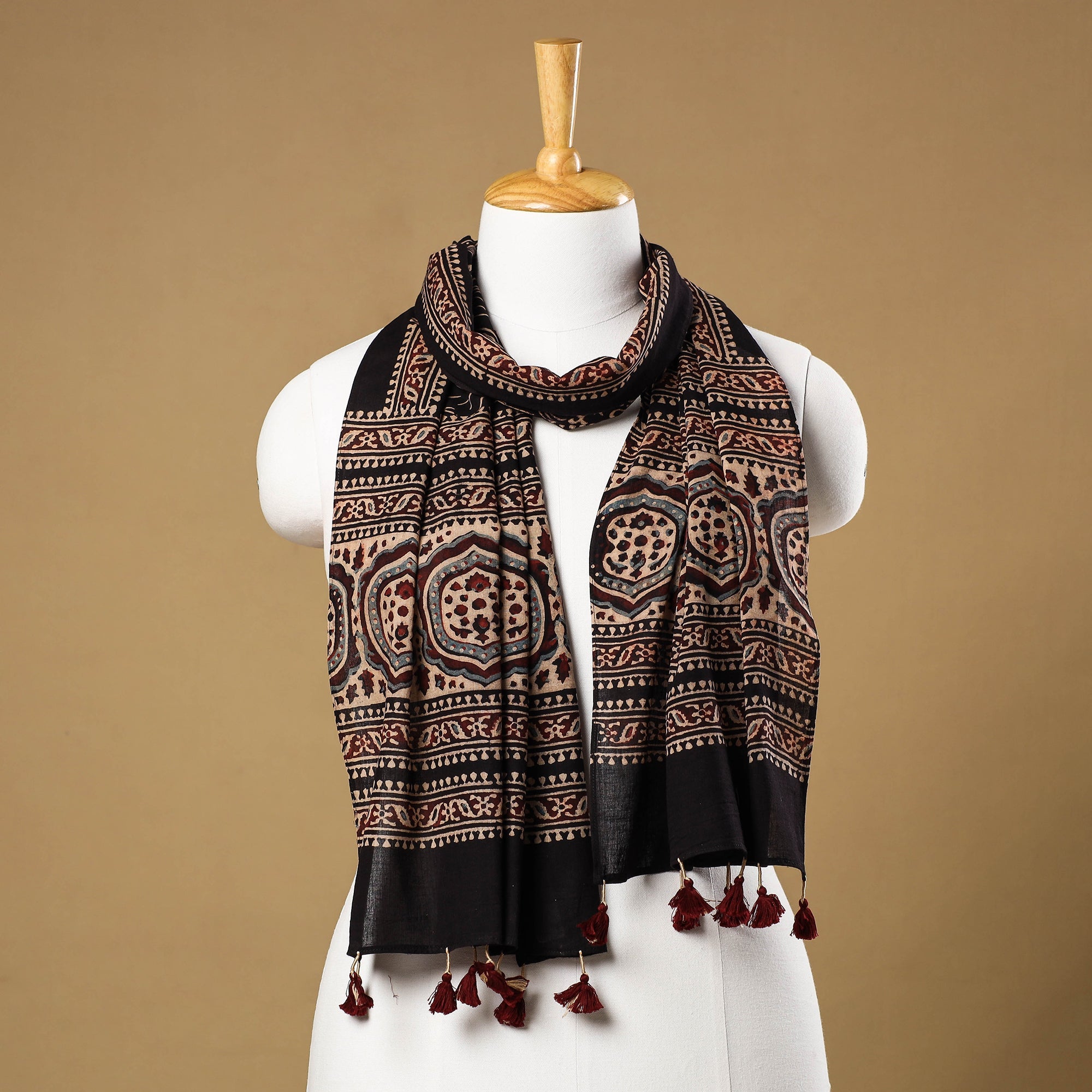 RIYAZ ABDULMAJID KHATRI - AJRAKH Black - Ajrakh Block Printed Mul Cotton Stole with Tassels