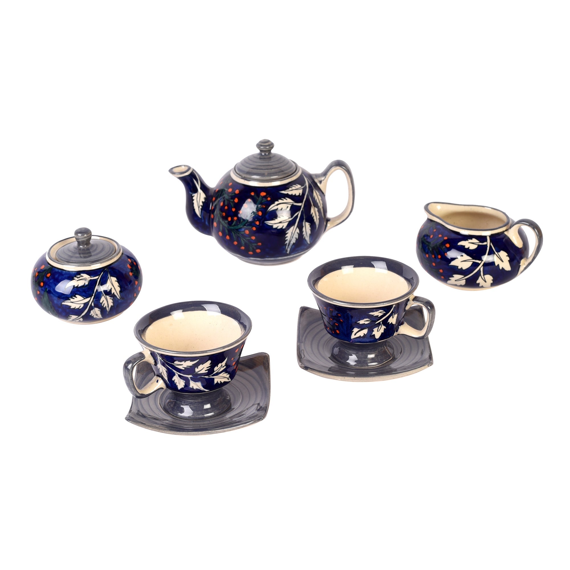 ART CREATIONS BY SUMAN SONTHALIA Blue - Blooming Leaves Tea Set w/Cups, Saucer & Creamer - view 2
