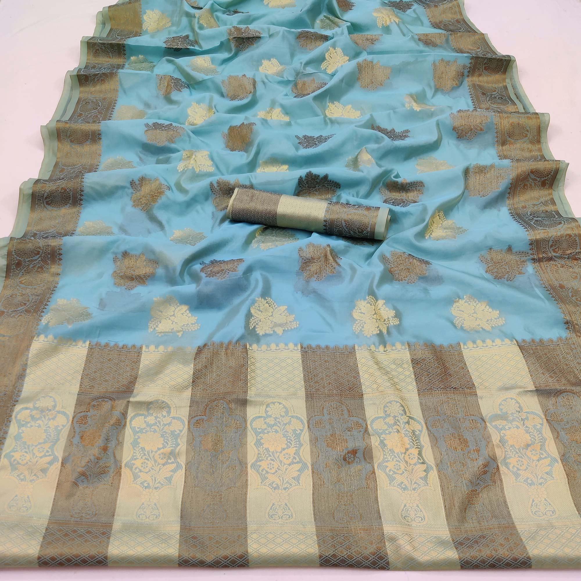 Peachmode Firozi Festive Wear Woven Soft Organza Saree - view 2