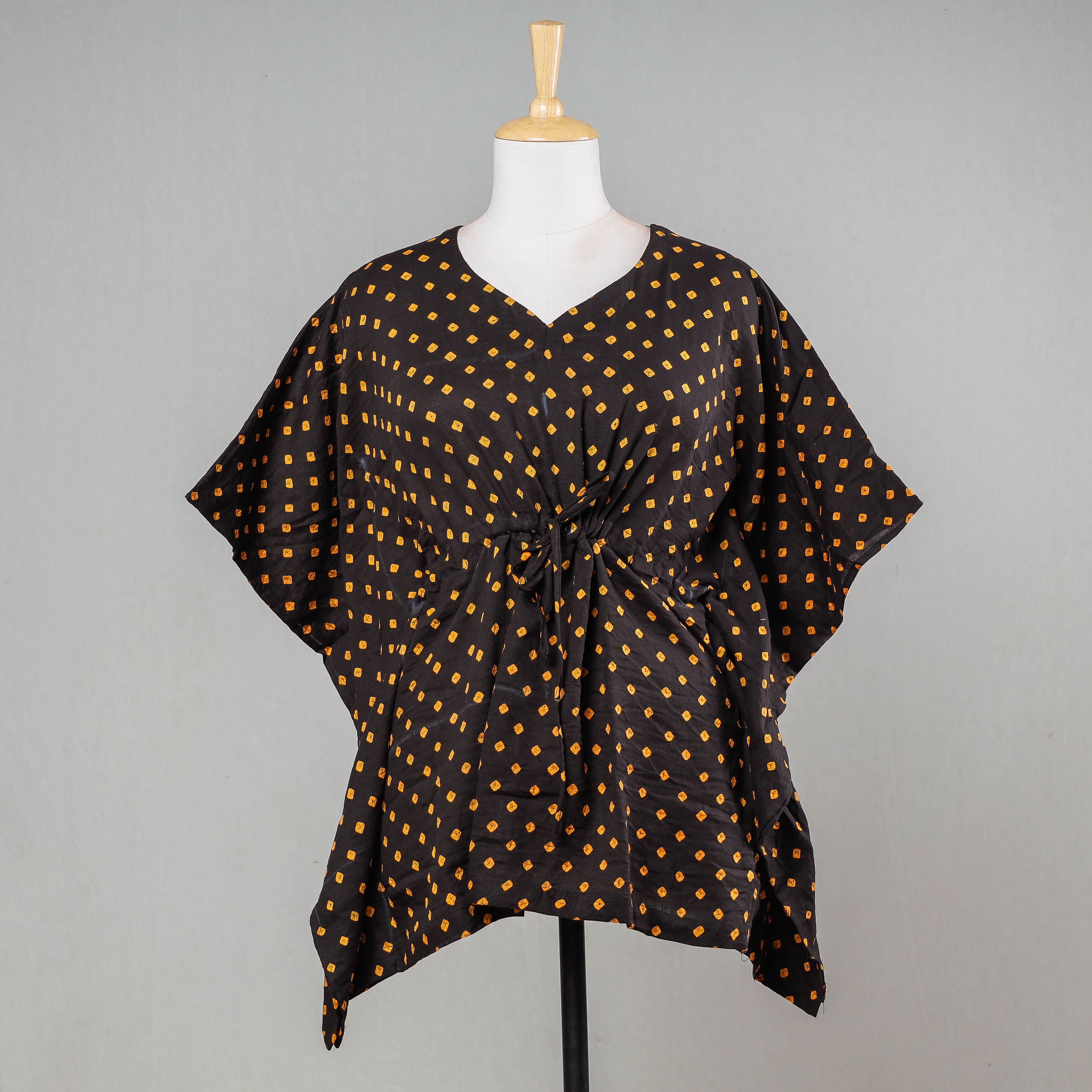 ITOKRI CASUALS Black - Bandhani Tie-Dye Cotton Kaftan with Tie-Up Waist (Short)