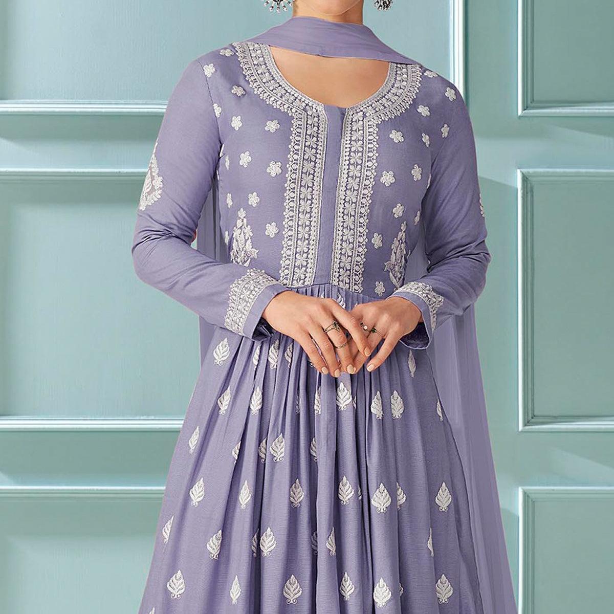 Peachmode Seller Lavender Partywear Floral Embroidered Rayon Palazzo Suit - view 2