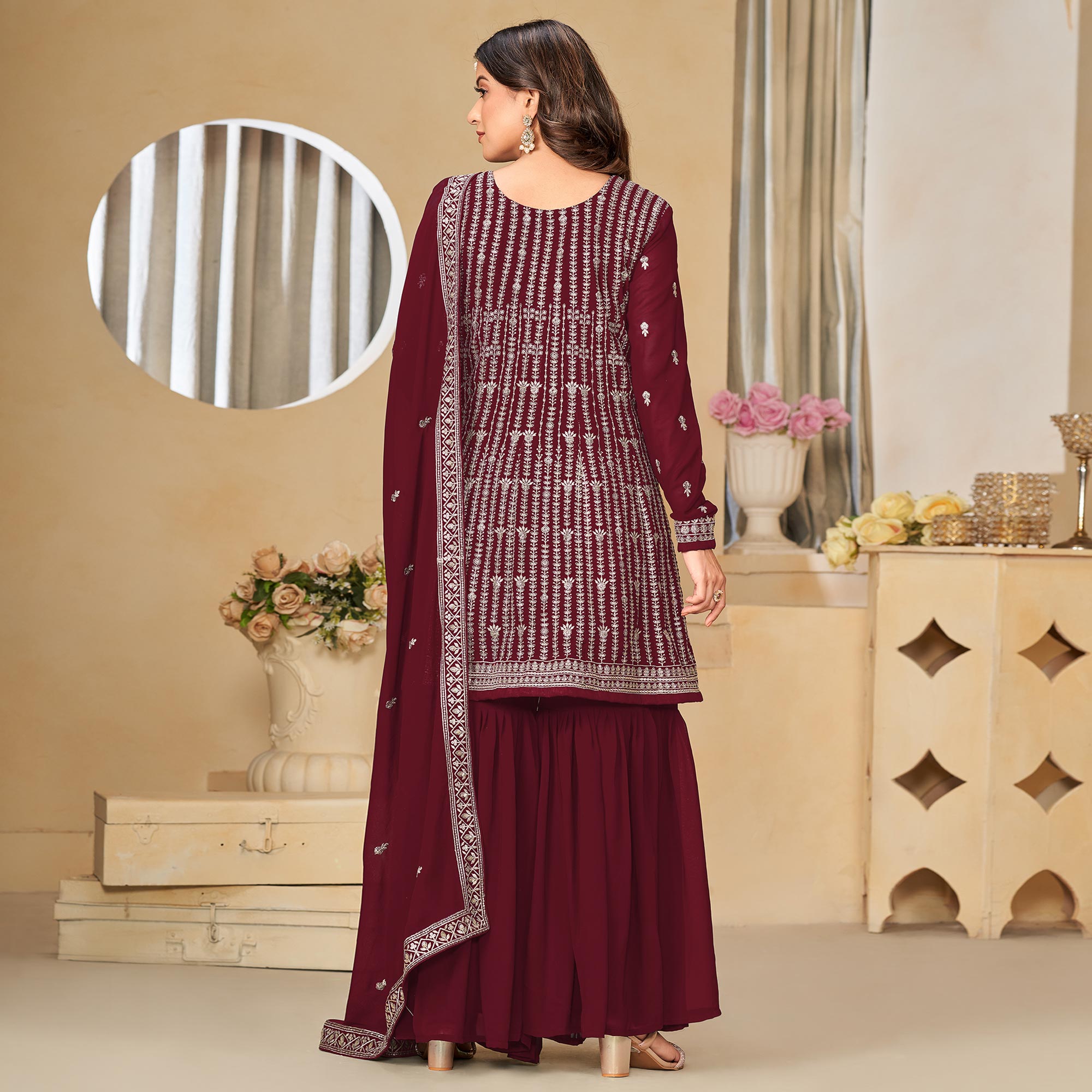 Peachmode Maroon Floral Sequins Embroidered Georgette Semi Stitched Sharara Suit - view 5