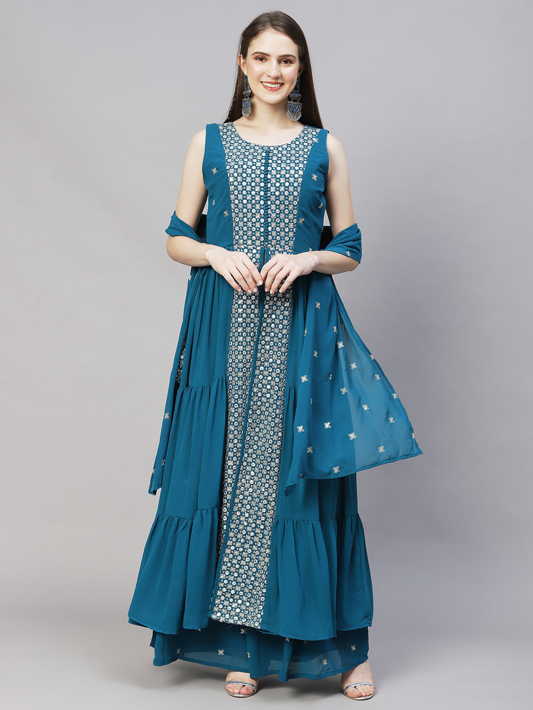 Fashor Ethnic Embroidered Flared Kurta with Palazzo & Dupatta - Teal Blue - view 2
