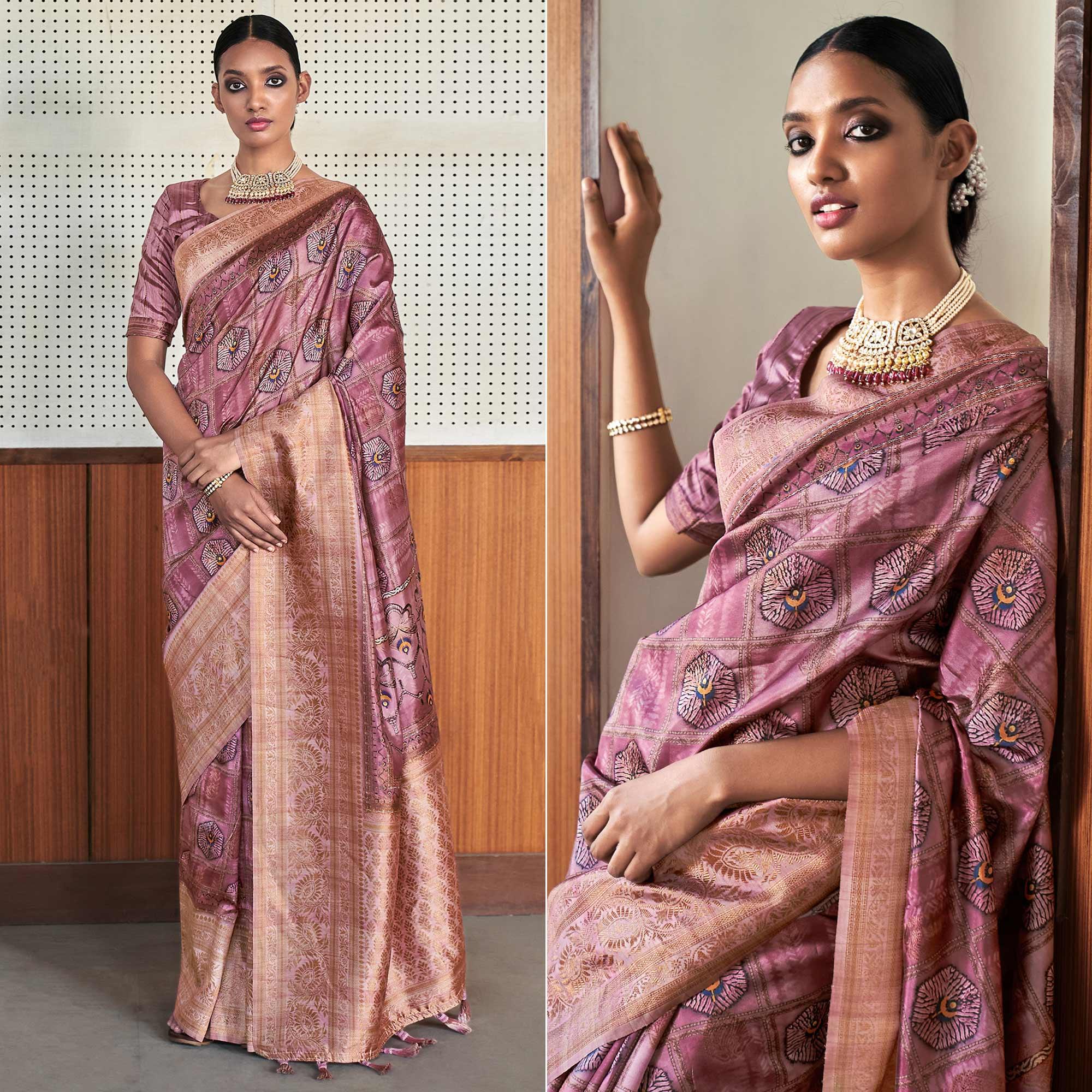 Peachmode Mauve Digital Printed Art Silk Saree With Tassels