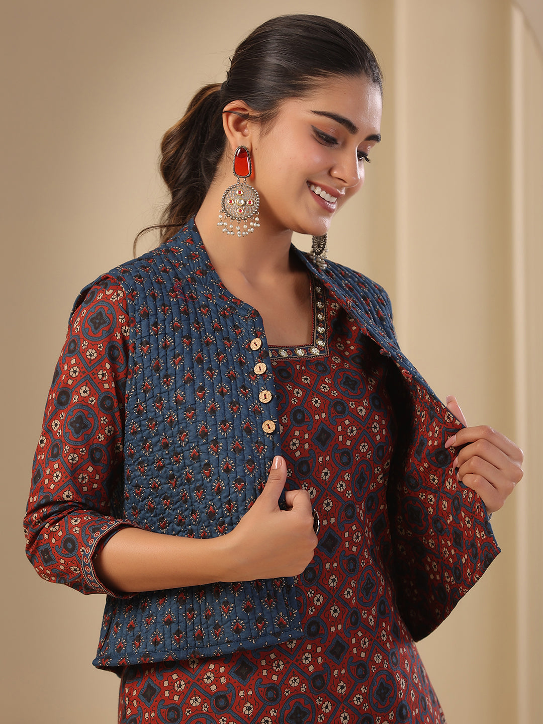 Fashor Ajrakh Block Printed Sequins Embroidered Kurta with Quilted Reversible Waist Coat & Pants - Maroon