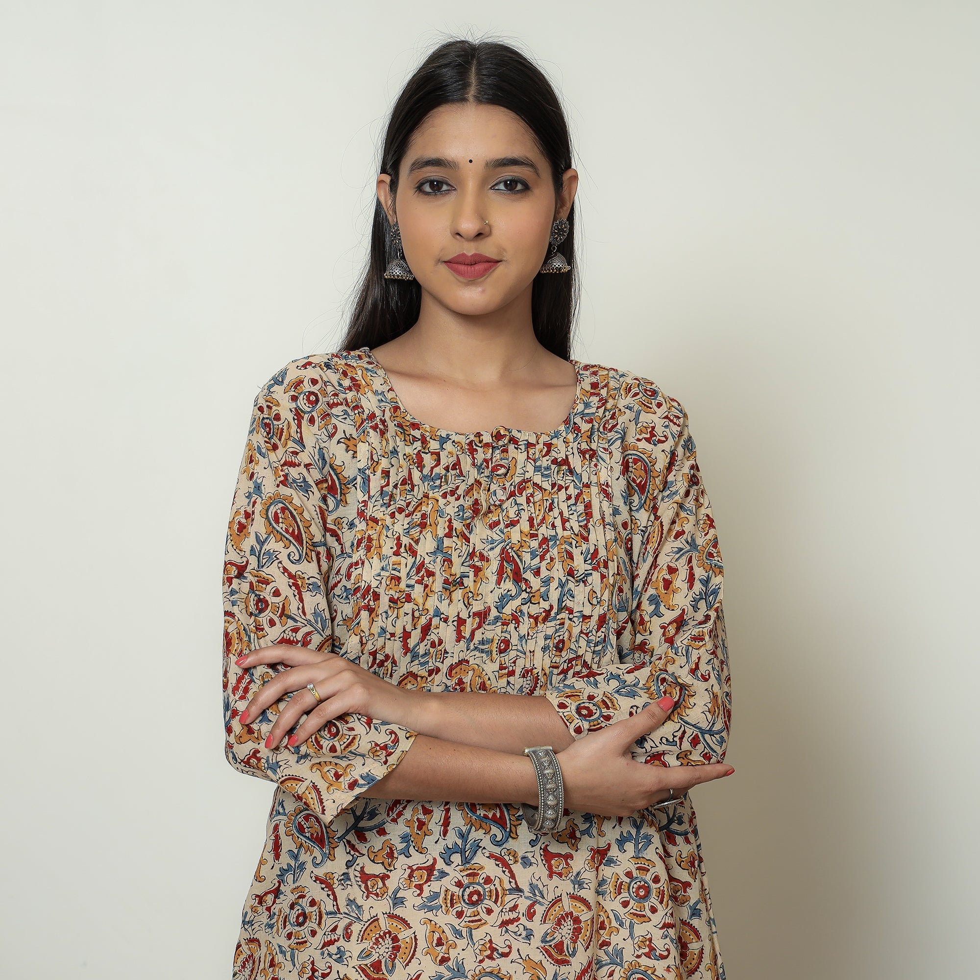 ITOKRI CASUALS Beige - Kalamkari Hand Block Printed Mul Cotton Pintuck A-Line Kurta 01