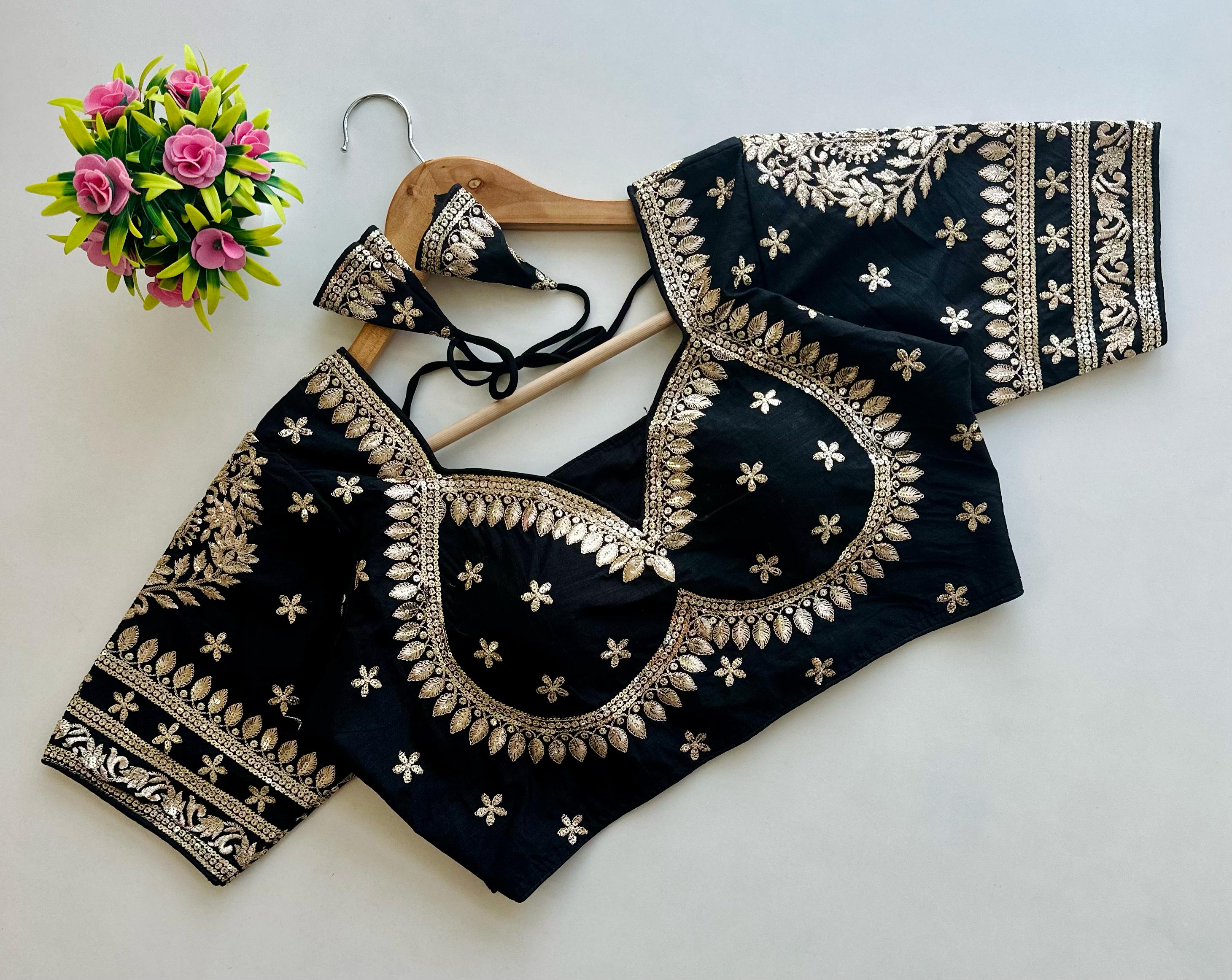 ClothsVilla Black Golden Embroidered Blubbery Silk Blouse with Sequins