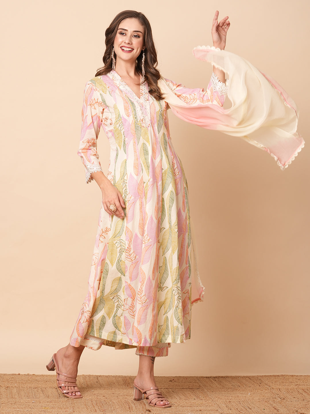 Fashor Abstract Floral Printed & Embroidered Anarkali Kurta with Pant & Dupatta - Off White - view 4
