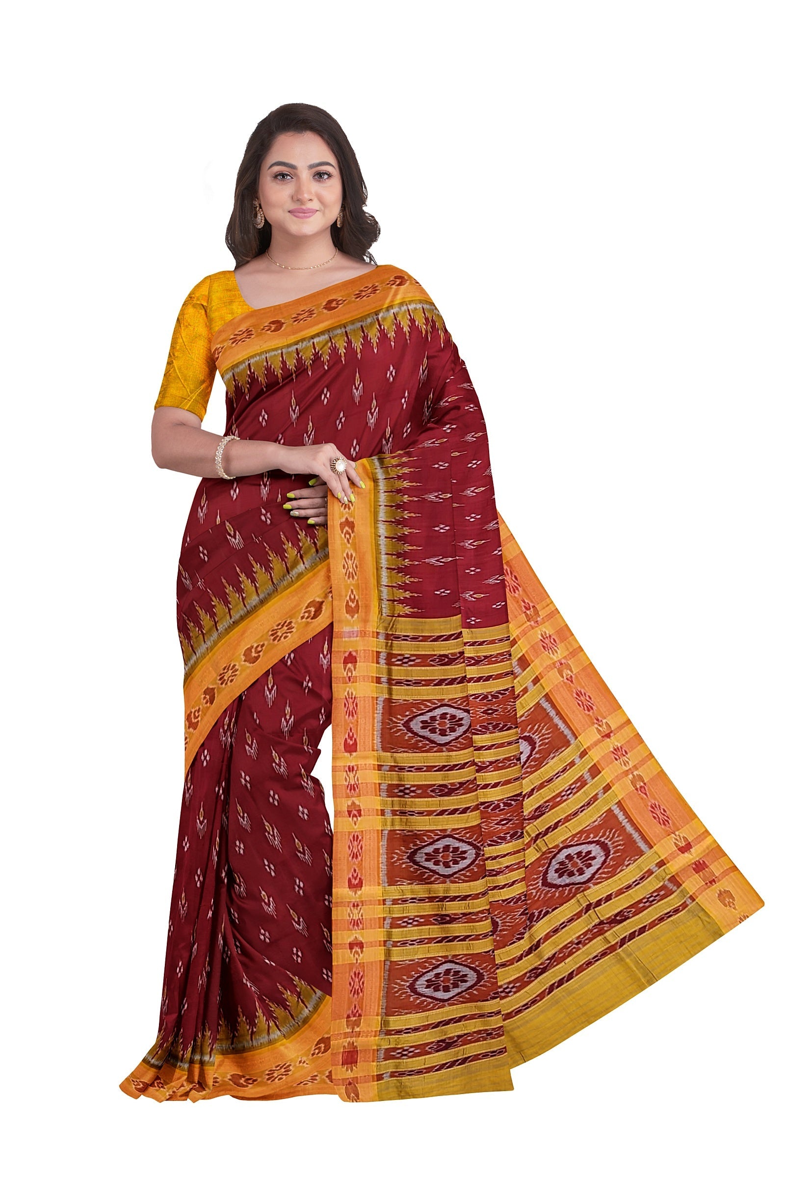IndianVillèz Red Yellow Mayur Chandrika Khandua Silk Saree