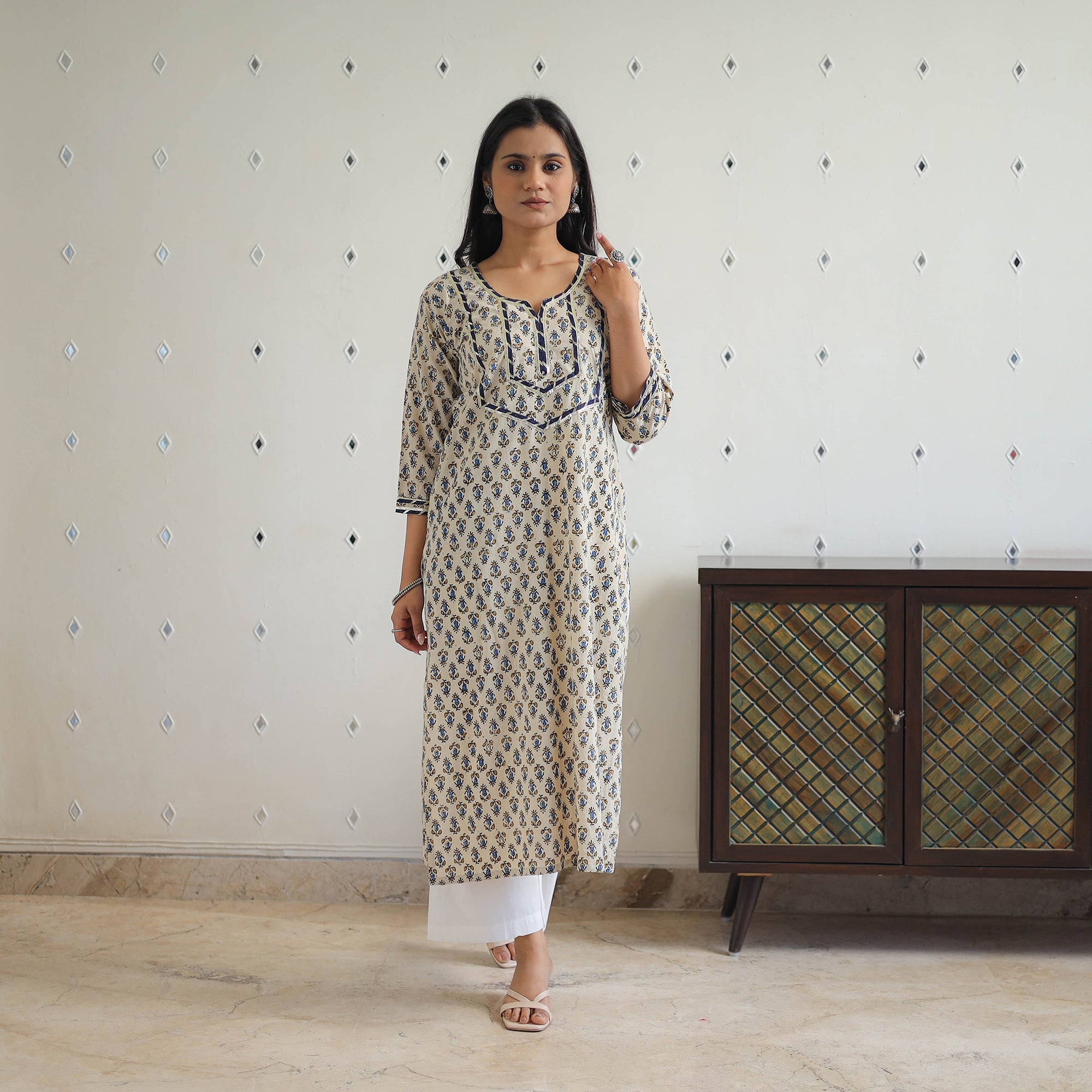 ITOKRI CASUALS Beige - Block Printed Cotton Gota Work Long Ajrakh Kurta 12 - view 2