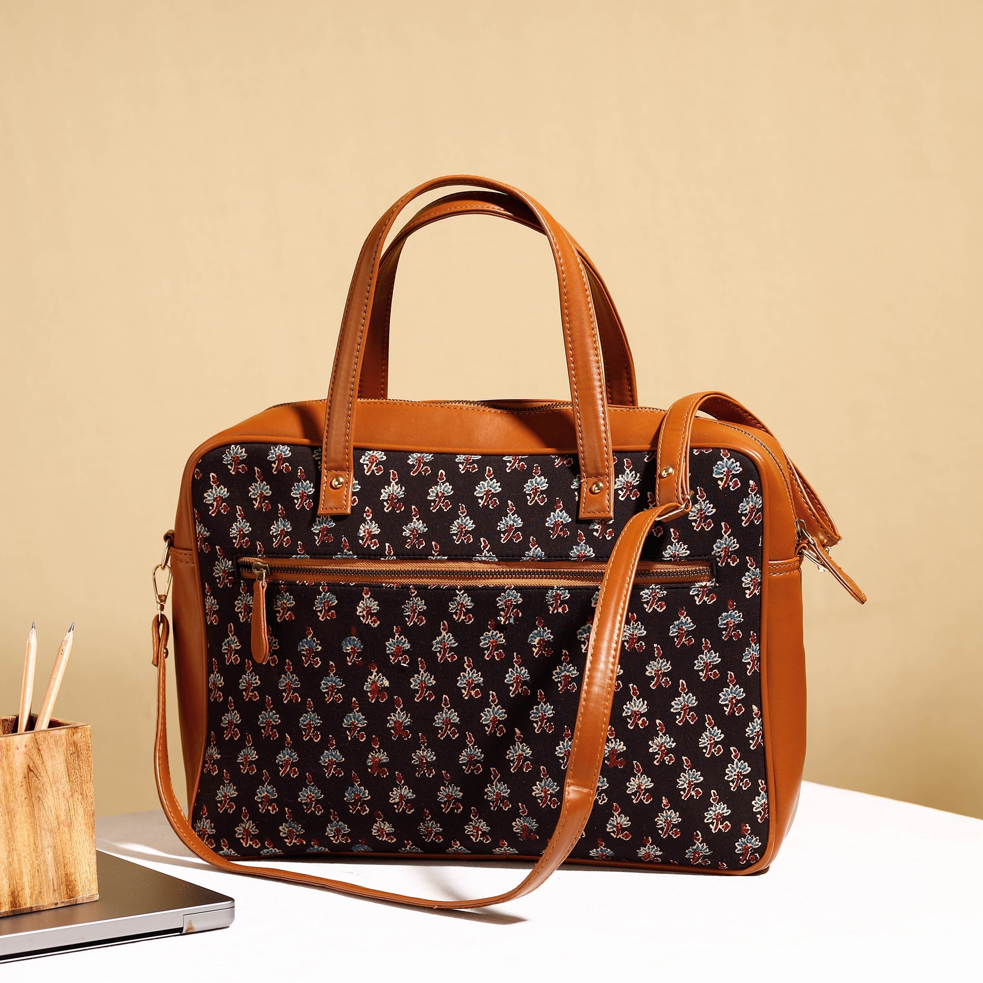ITOKRI CRAFTS INITIATIVE Black - Handcrafted Ajrakh Block Printed Cotton Laptop Bag (15 x 13 in)