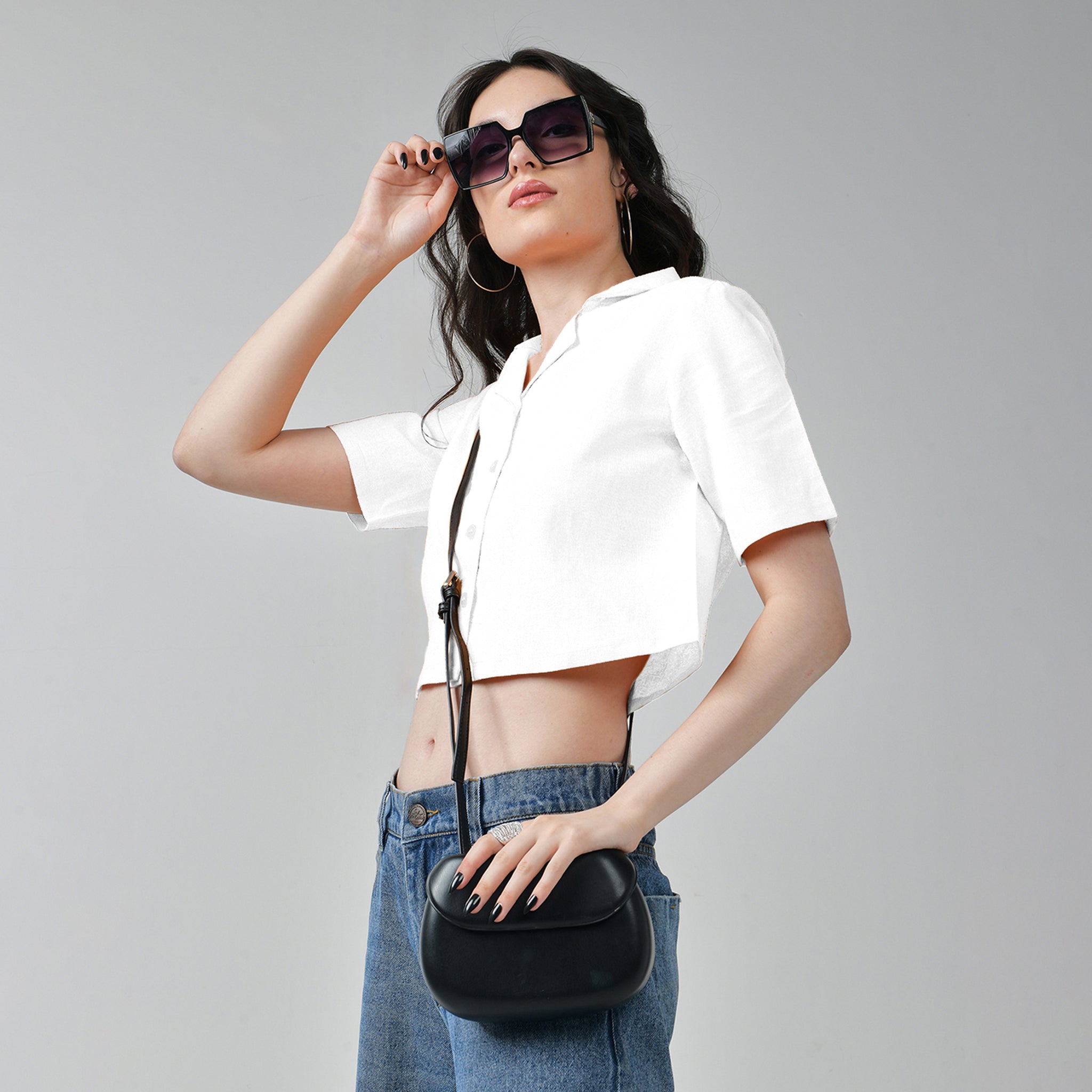 I Z F Baggy Jeans & White Crop Linen Shirts For Women - view 5
