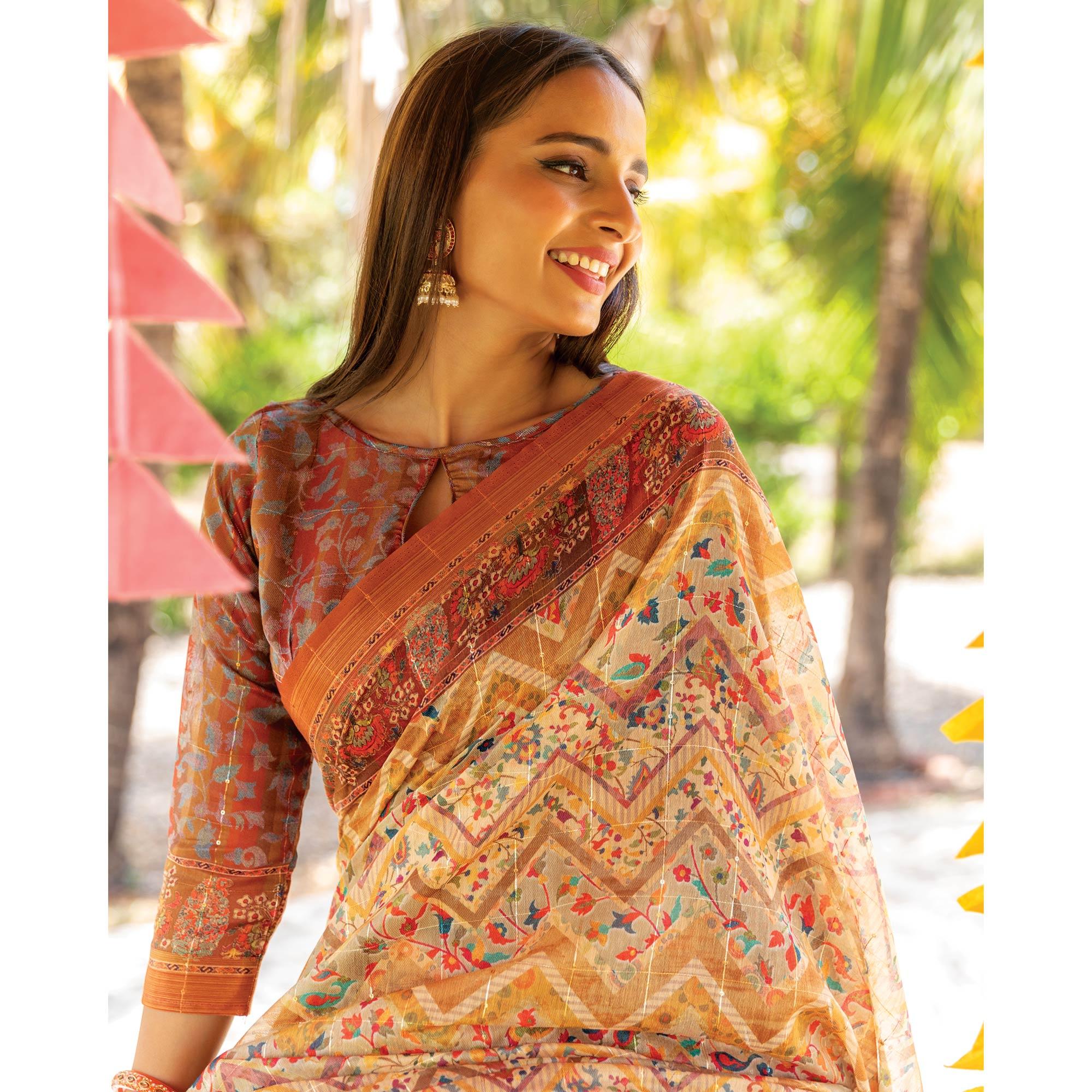 Peachmode Cream Digital Printed Linen Saree With Tassels - view 4