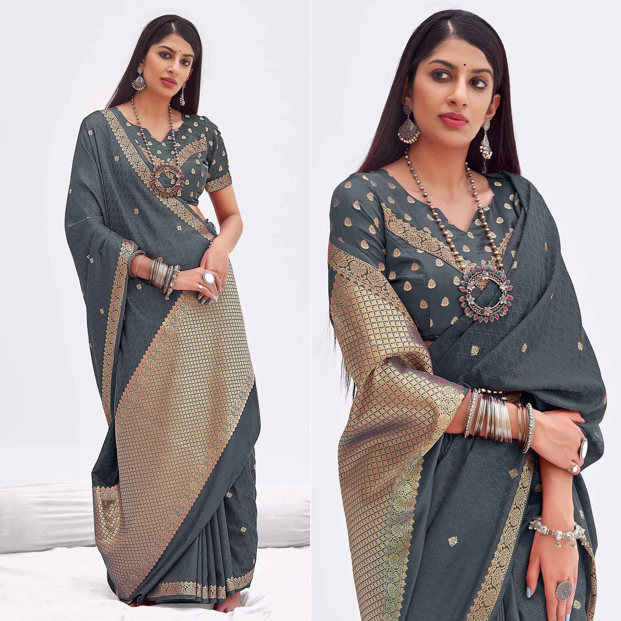 Peachmode Grey Woven Banarasi Silk Saree – Women's
