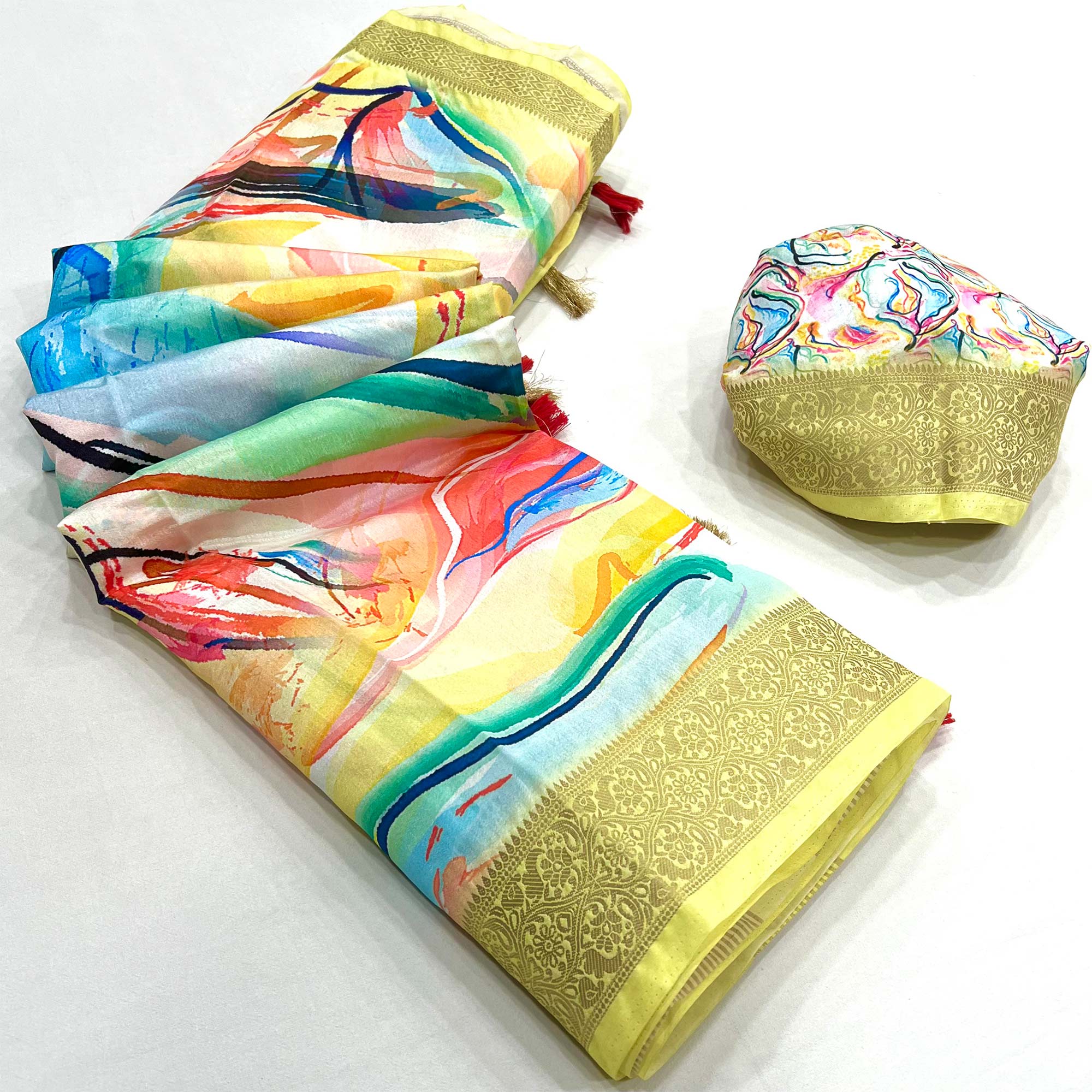 Peachmode Lemon Yellow Digital Printed Dola Silk Saree With Woven Border - view 3