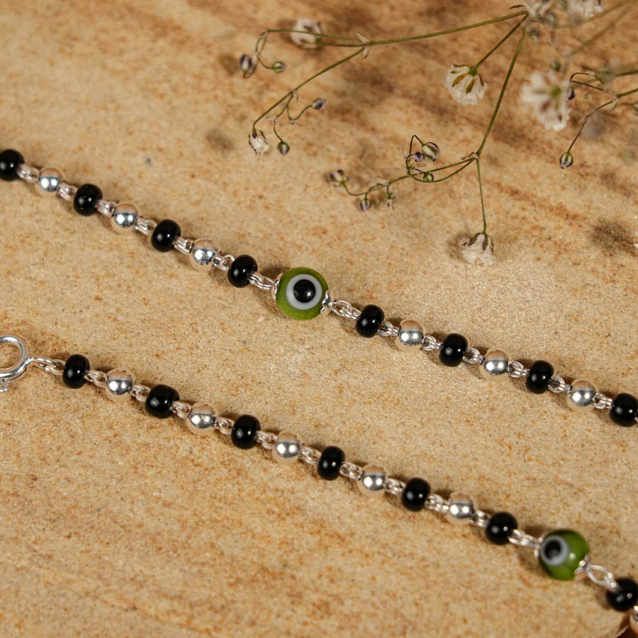 Prinjal Jewellers Black Silver and Green Beads Nazariya for Kids