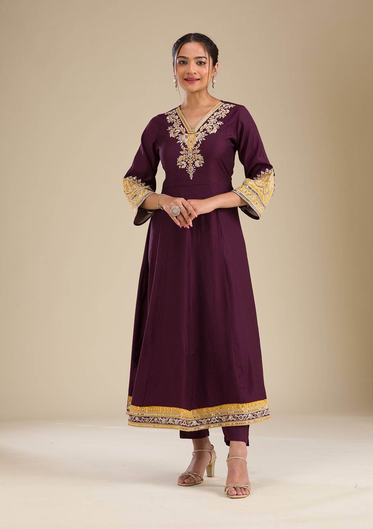 Koskii Wine Zariwork Chiffon Readymade Salwar Suit - view 3