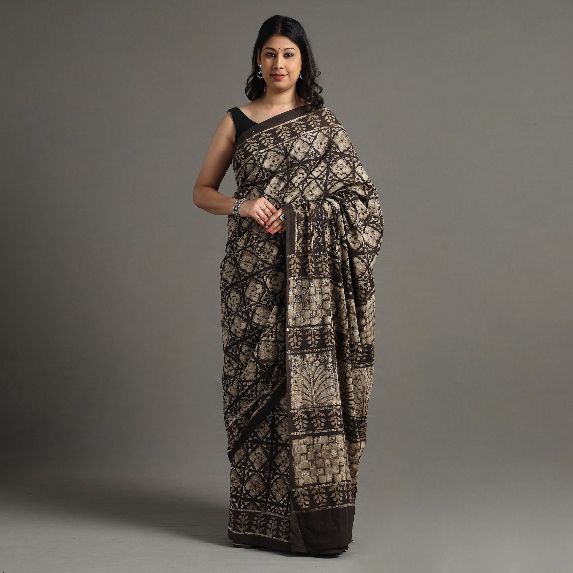 HAVELI CHRONICLES Brown - Pipad Hand Block Printed Cotton Saree
