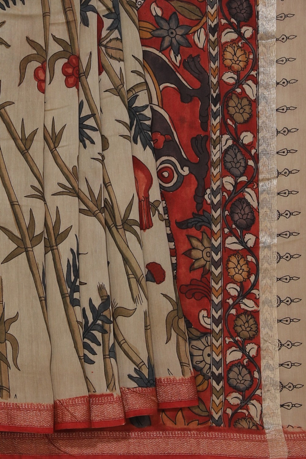Kalanjali Kalamkari Hand-Painted Beige Saree – Women's
