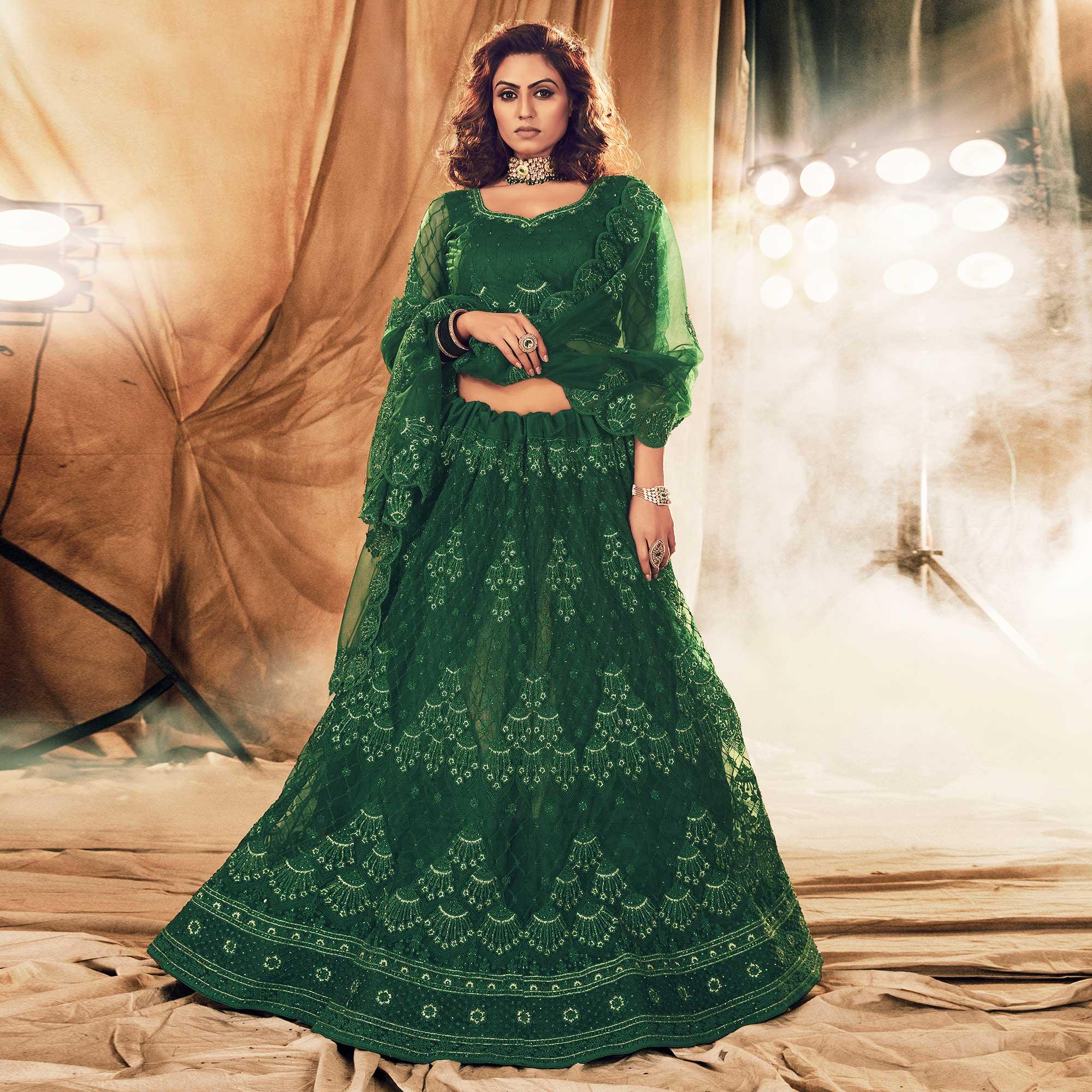Peachmode Breathtaking Green Colored Wedding Wear Embroidered Net Lehenga Choli