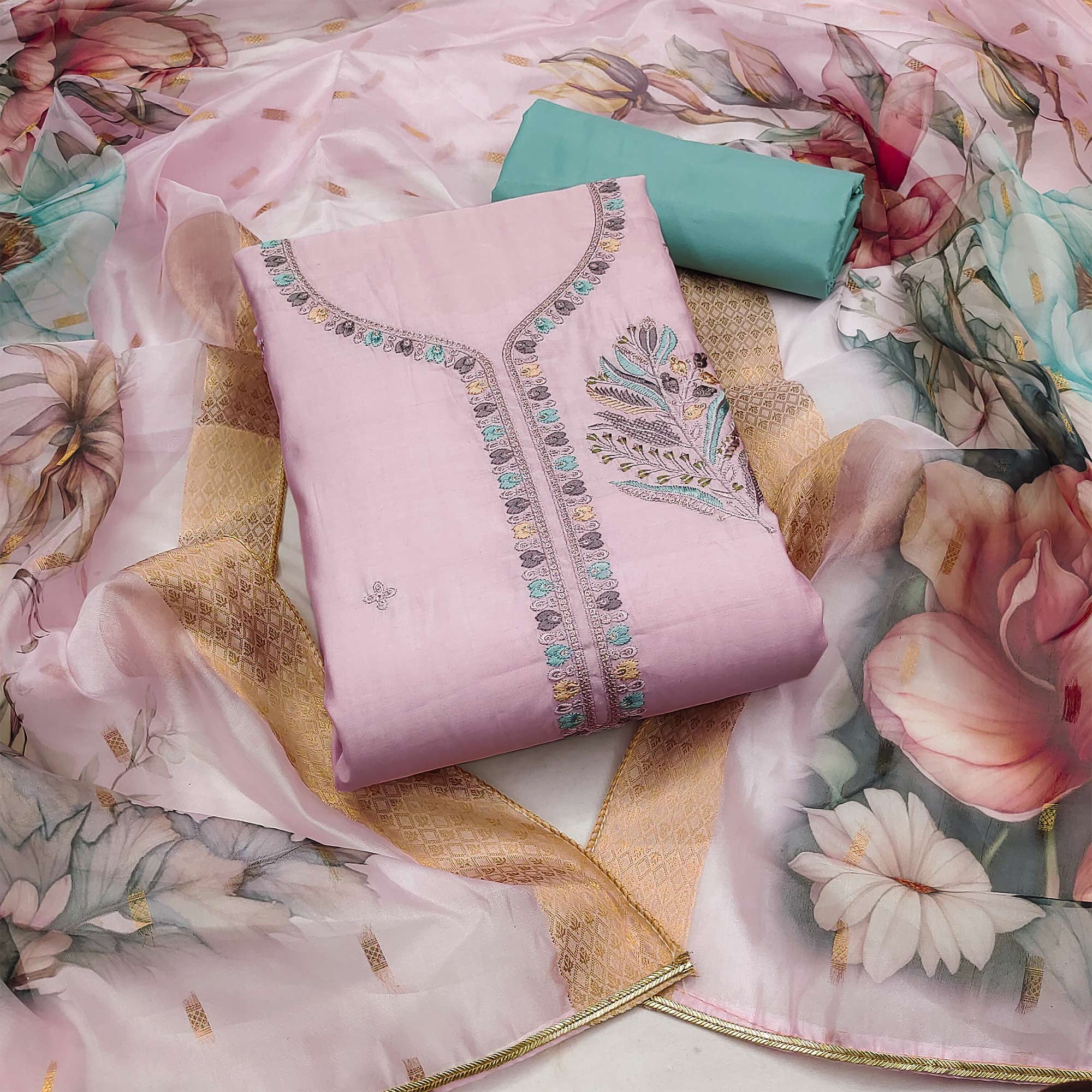 Peachmode Light Pink Floral Embroidered Cotton Silk Dress Material