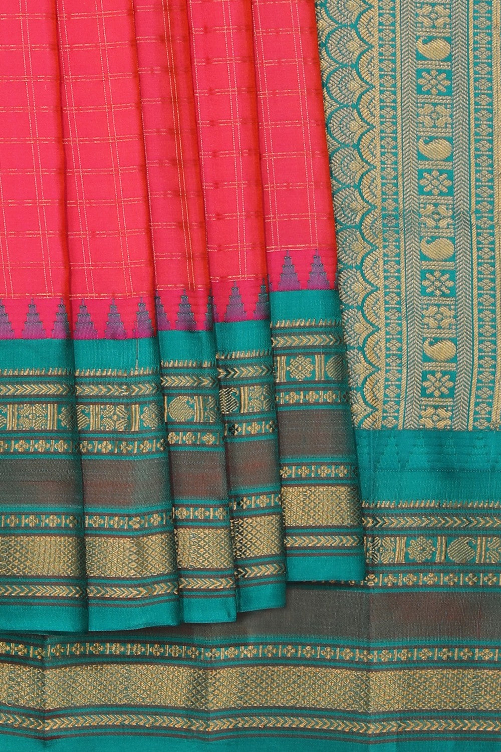 Kalanjali Gadwal Silk Fuchsia-Pink Kattam Saree
