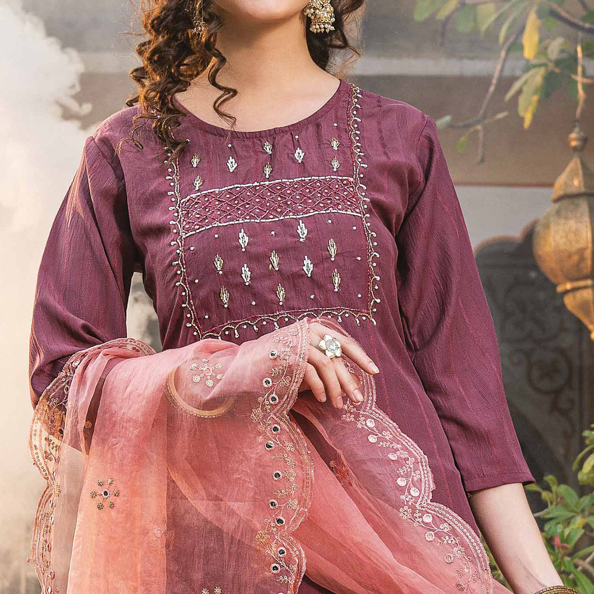 Peachmode Dark Mauve Embellished Viscose Salwar Suit - view 2