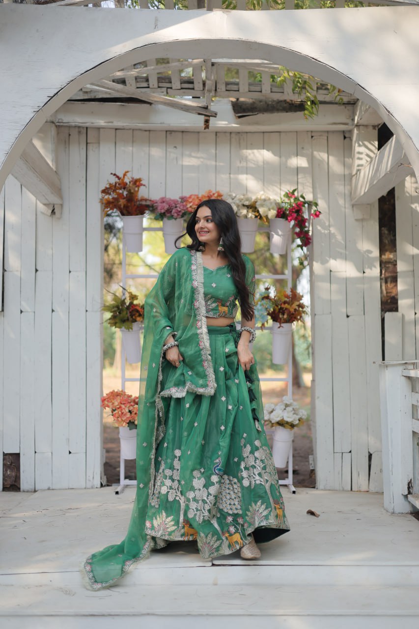 ClothsVilla Green Elegant Gold Coin Lehenga Choli with Sequins & Thread Embroidery