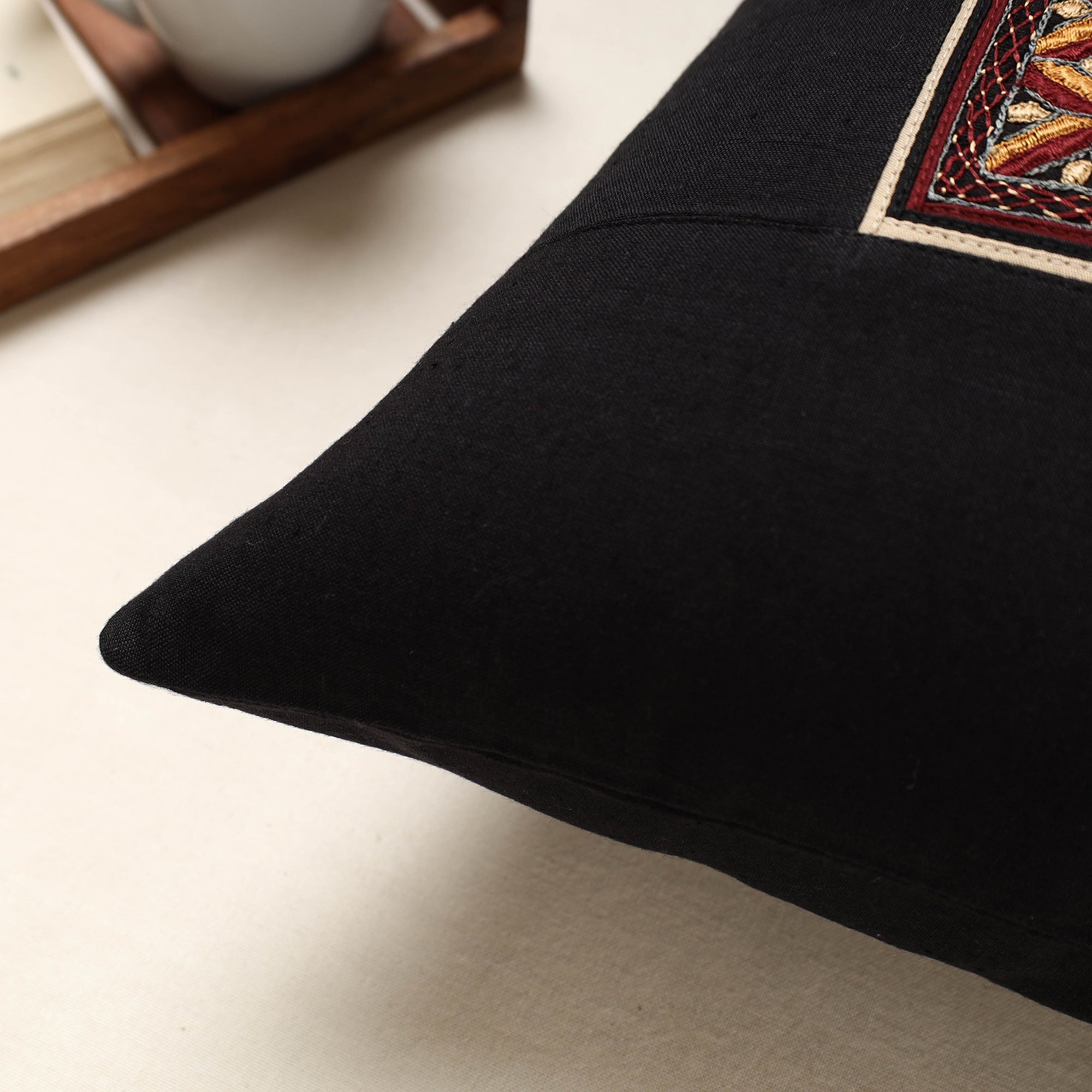QASAB Black - Kutch Pakko Hand Embroidery Cotton Cushion Cover (16 x 16 in) - view 2