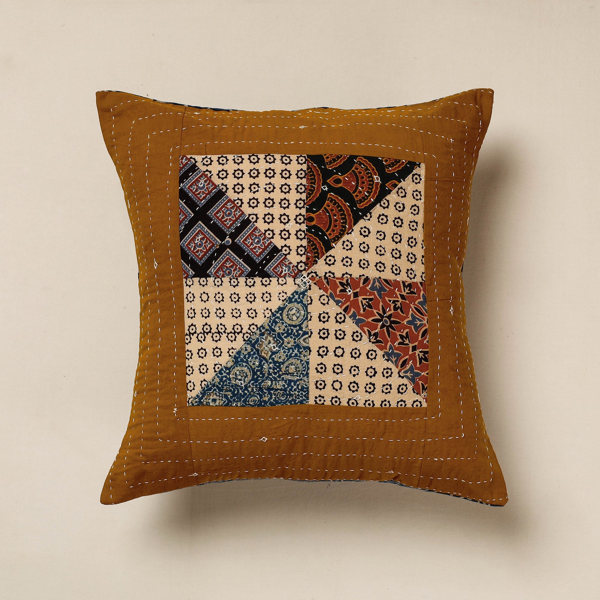 KACHCHH JI CHHAAP Brown - Kutch Embroidered Ajrakh Cotton Cushion Cover (16 x 16 in)