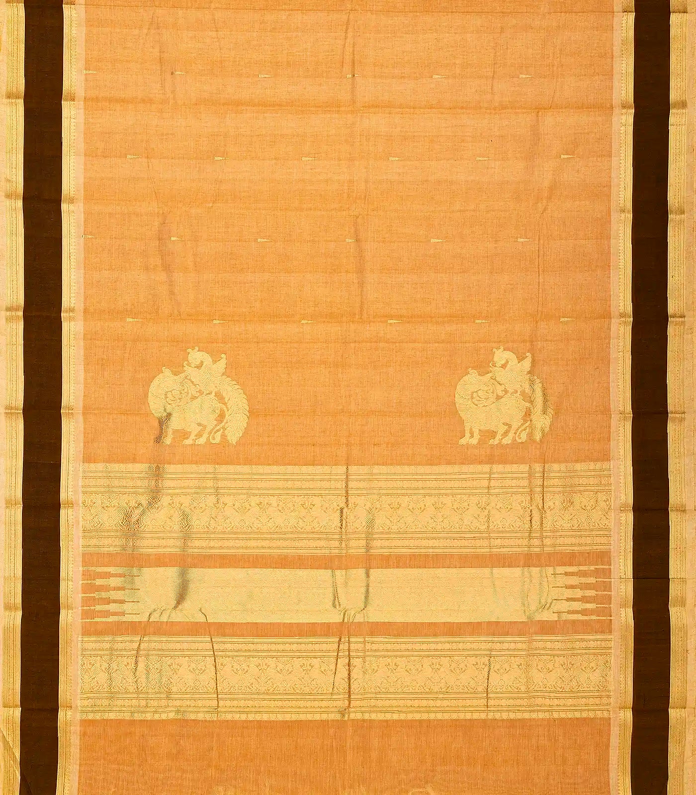 RmKV Peach Handloom Kanchi Cotton Saree With Tree Buttas & Brown Border - view 2