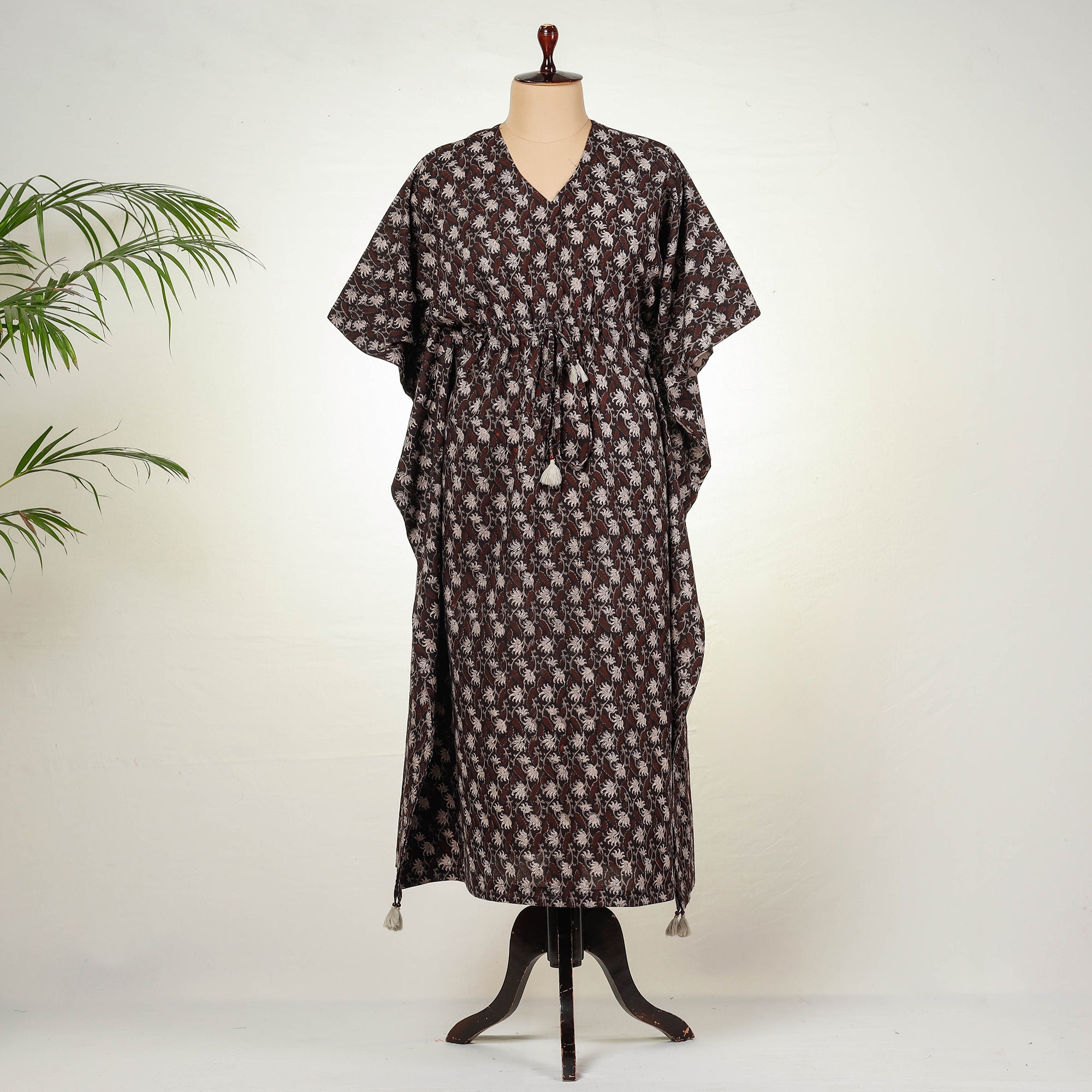 ITOKRI CASUALS Brown - Bagru Block Printing Cotton Kaftan with Tie-Up Waist (Long)
