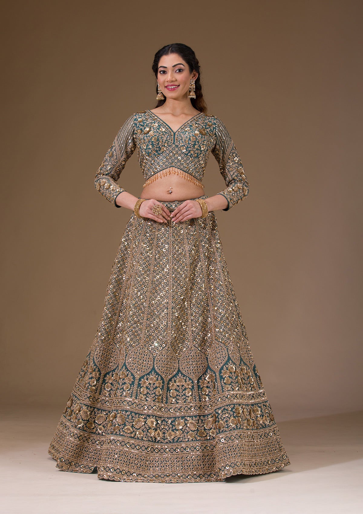 Koskii Turquoise Blue Sequins Net Readymade Lehenga - view 4