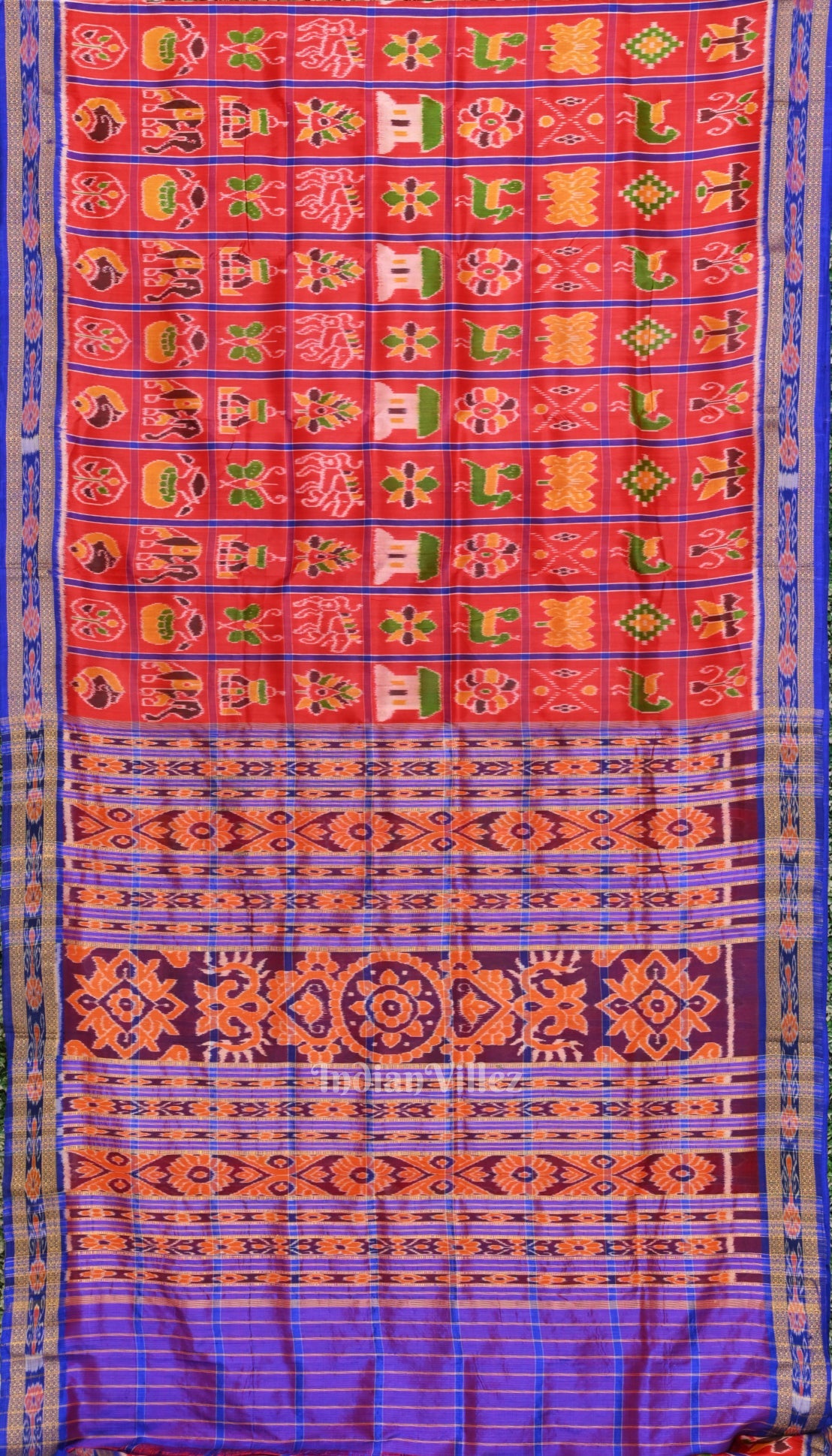 IndianVillèz Cherry Red Nabakothi Odisha Handloom Khandua Silk Saree
