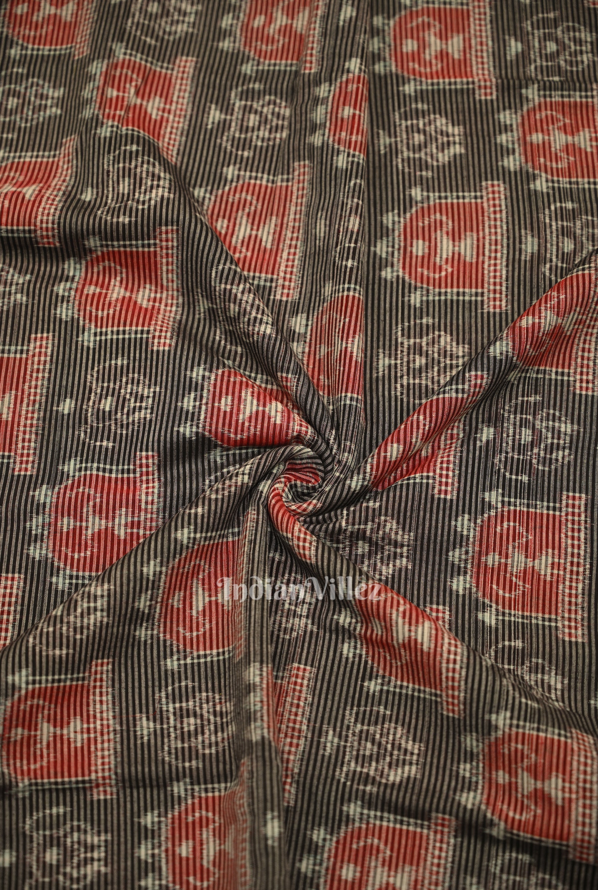 IndianVillèz Black Stripped Tribal Theme Sambalpuri Ikat Cotton Fabric