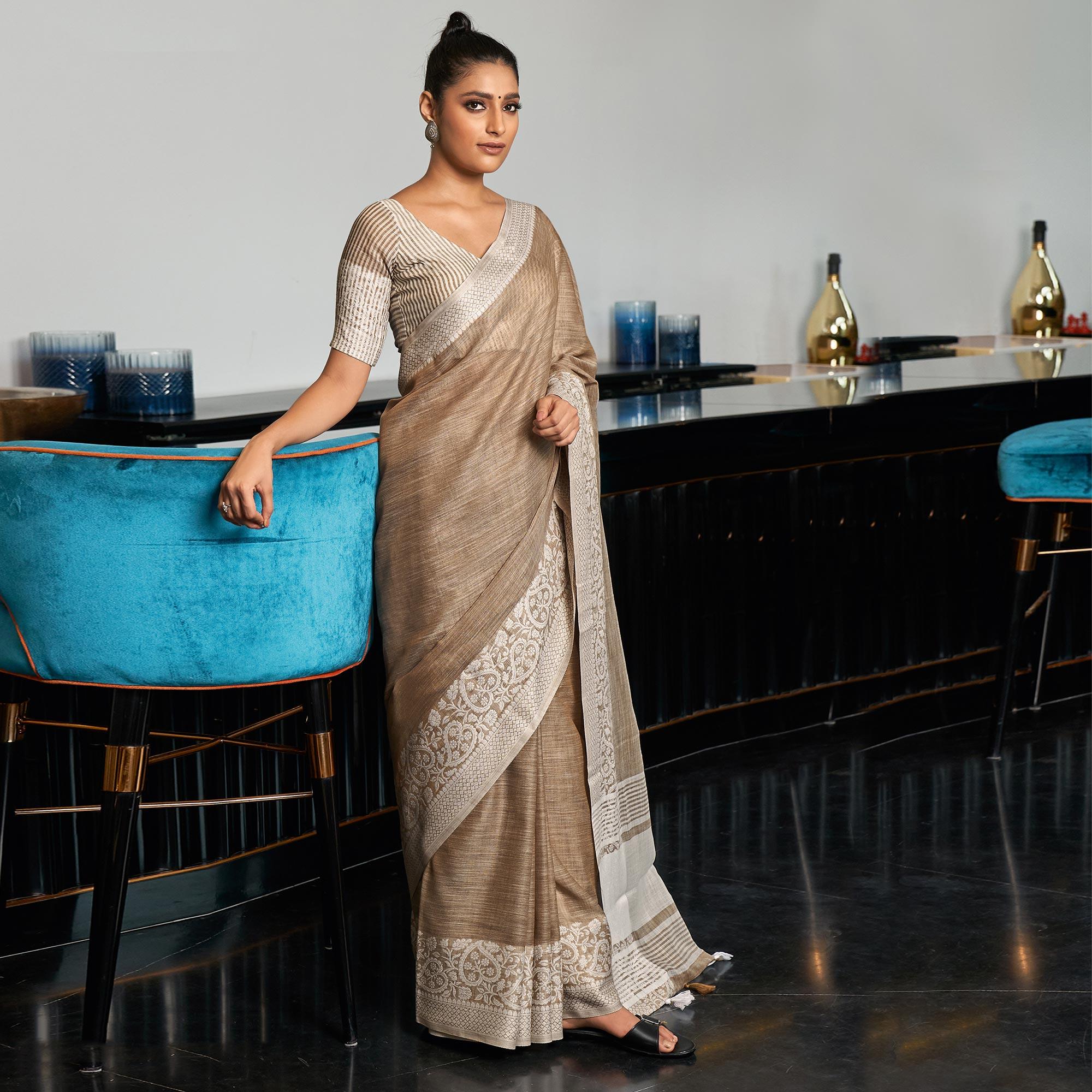 Peachmode Brown Partywear Woven Linen Saree – Women's