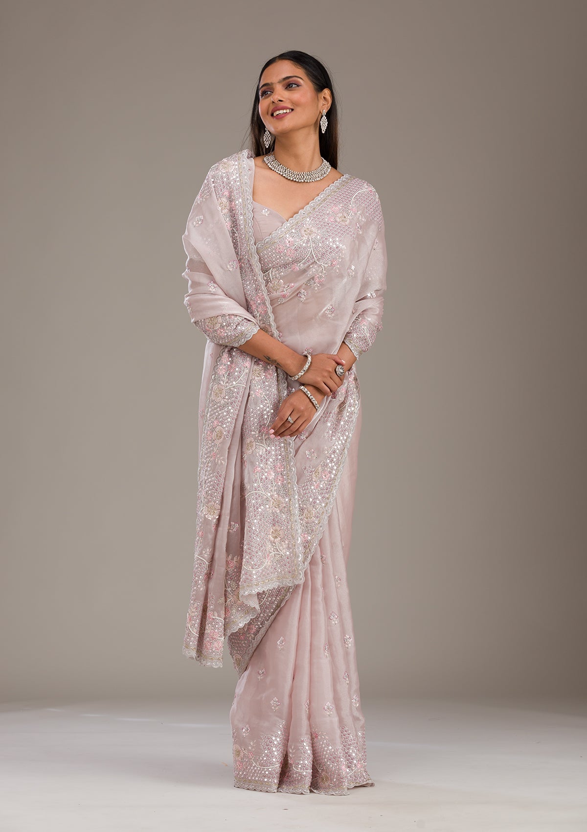 Koskii Light Grey Sequins Tissue Saree – Women's - view 5