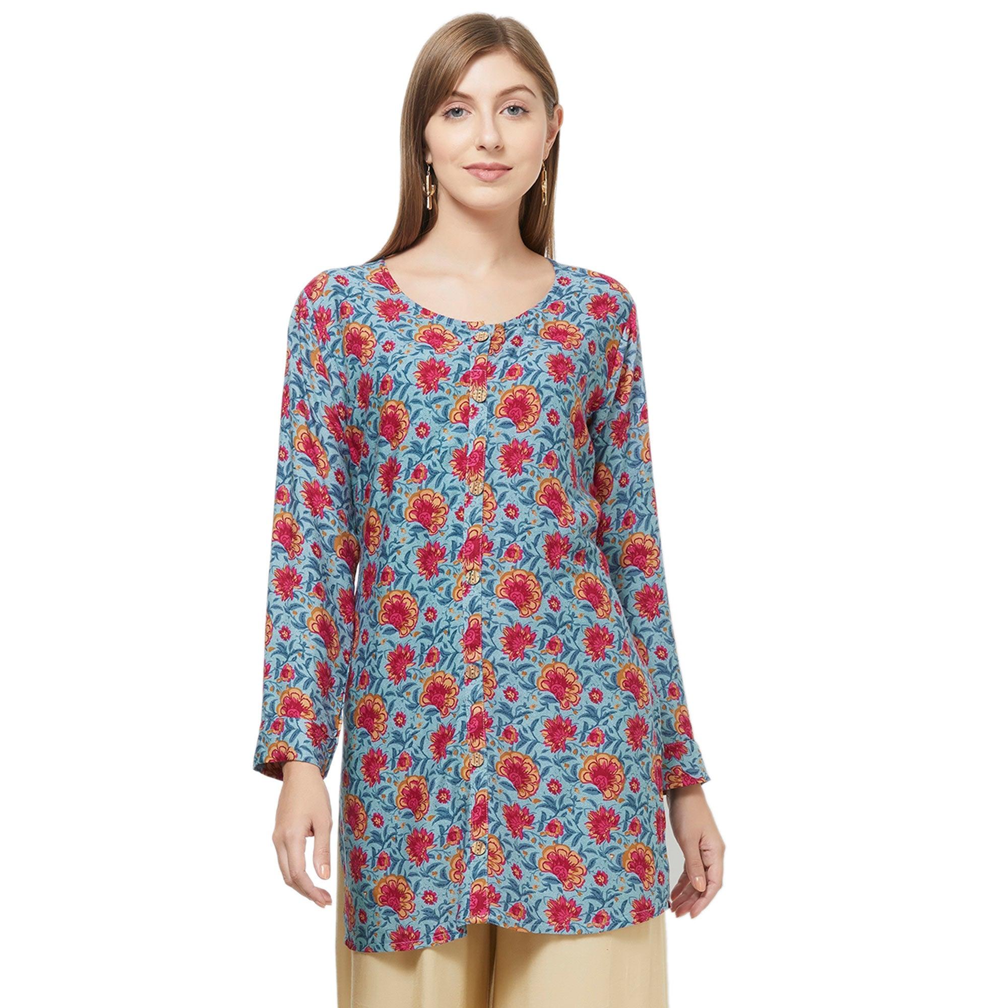 Peachmode Lovely Gray Colored Casual Printed Rayon Western Top