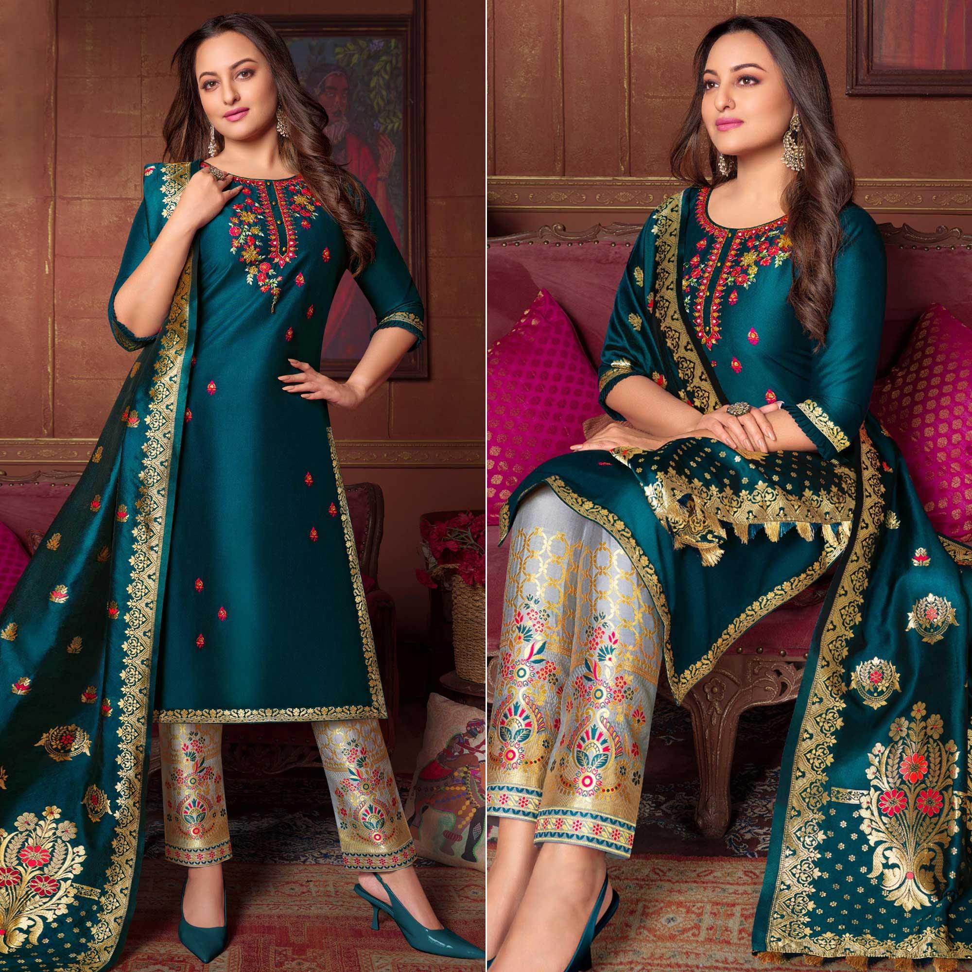 Peachmode Morpich Floral Embroidered Art Silk Kurti Pant Set With Dupatta