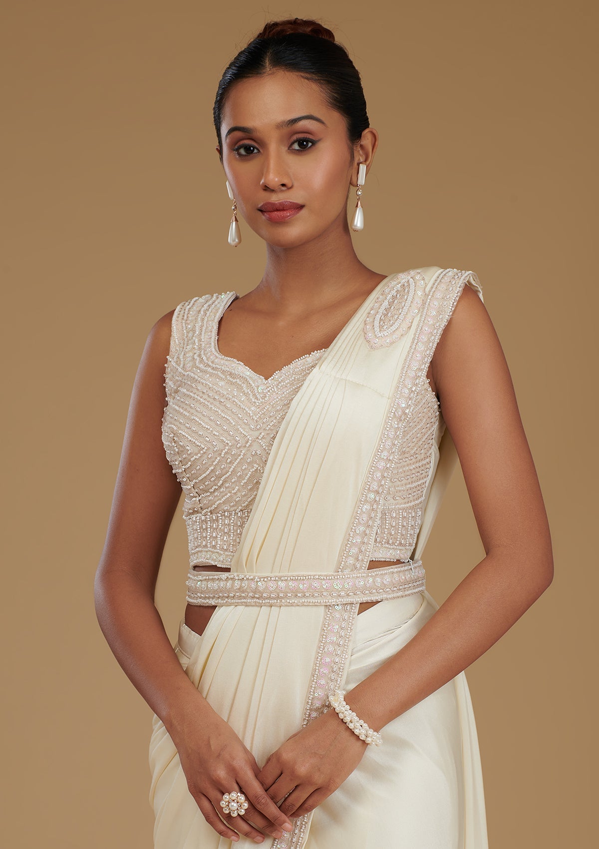 Koskii Cream Stonework Satin Readymade Saree – Women's - view 2